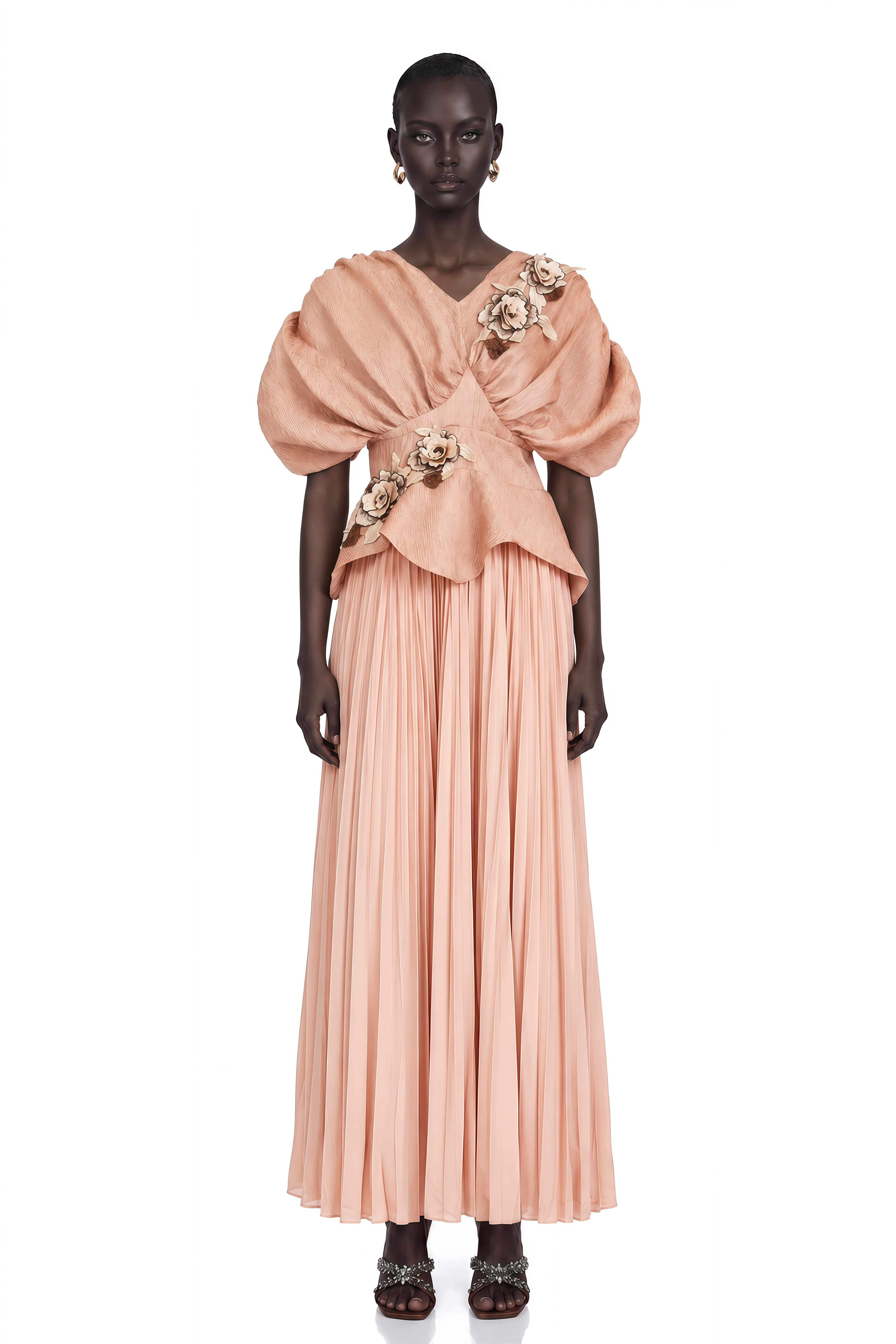 Camille Pink Floral Appliqué Pleated Maxi Dress
