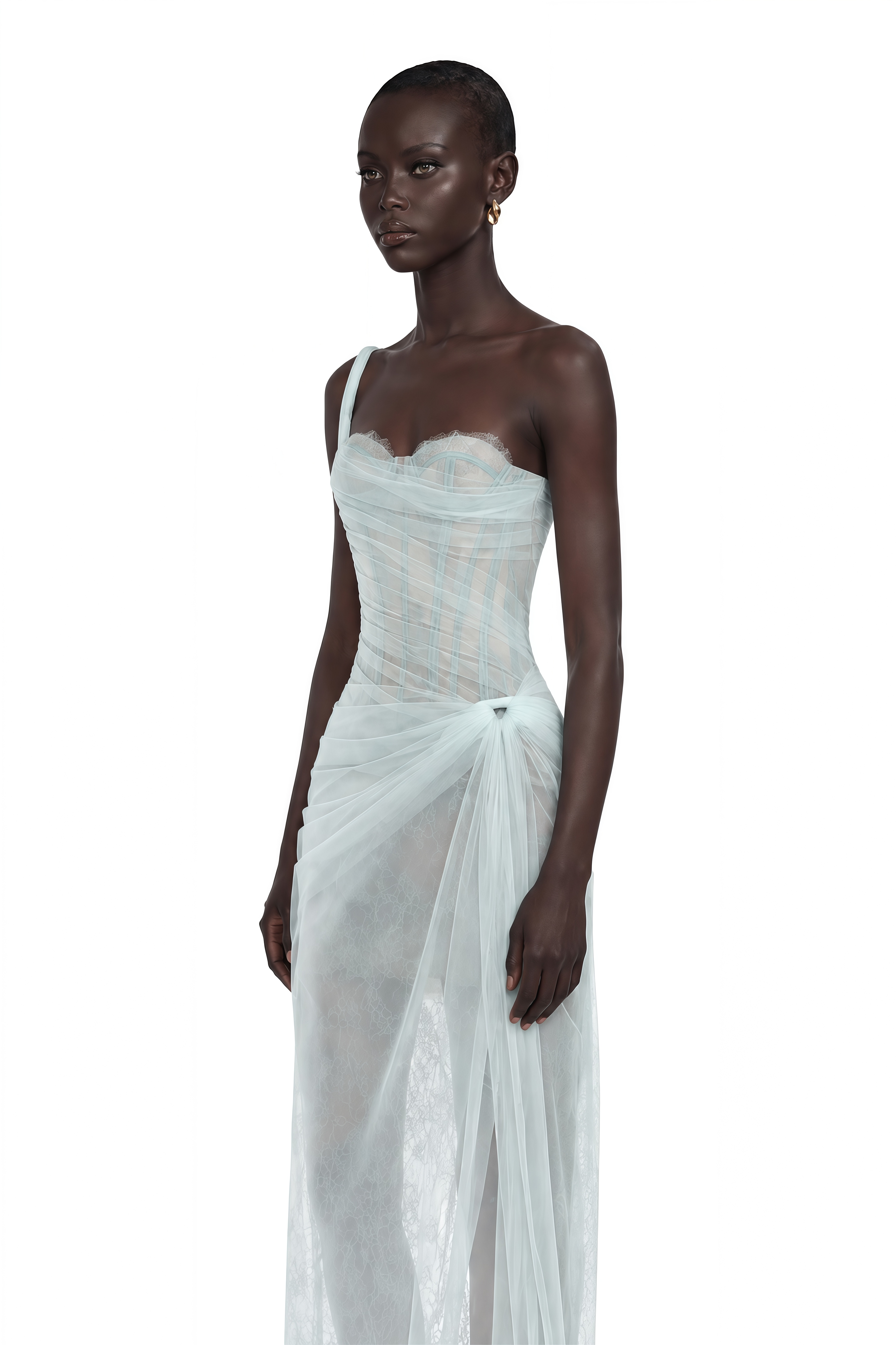 Juno Blue Pleated Mesh Midi Dress