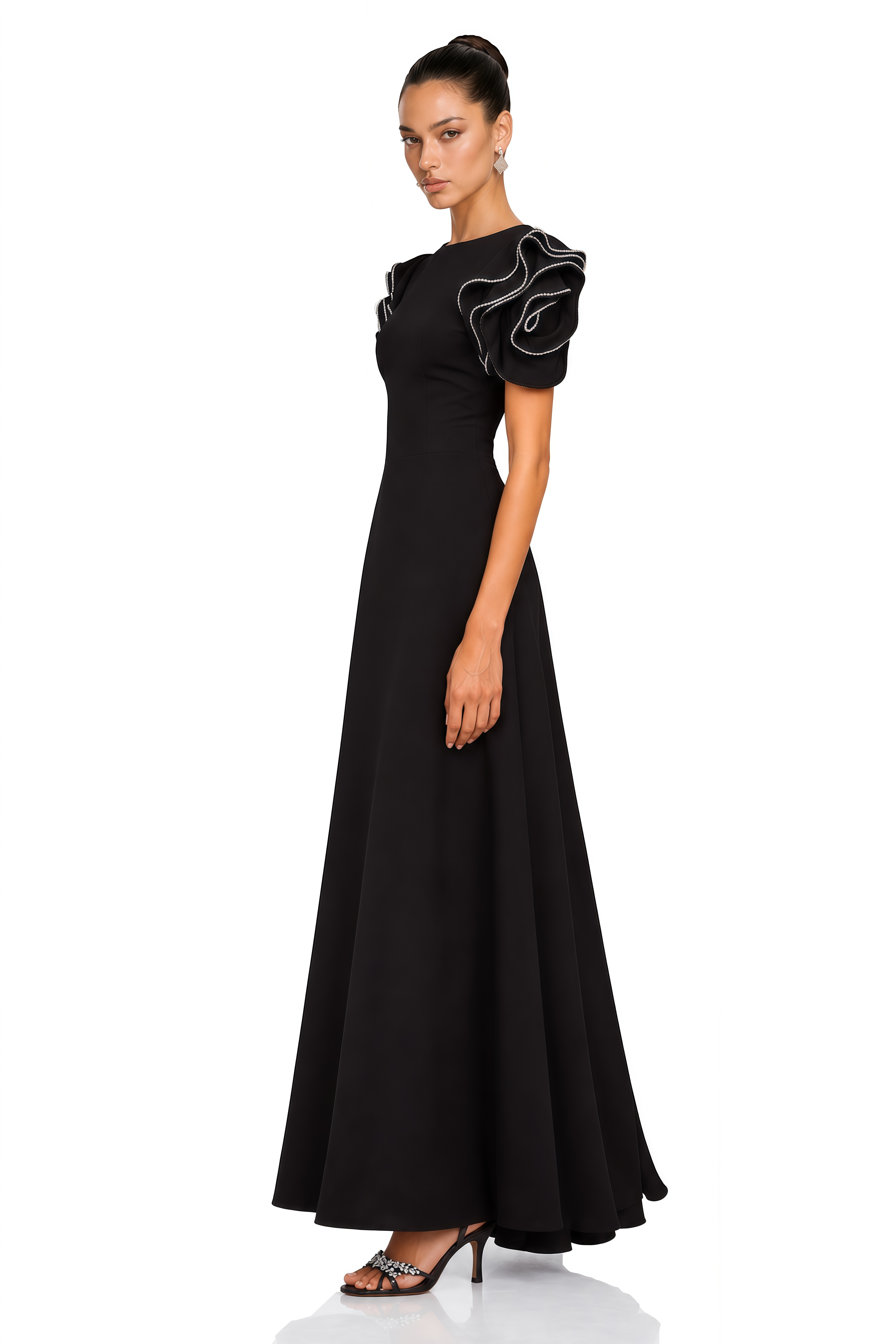 Bruyère Black Ruffled Embellished Maxi Dress