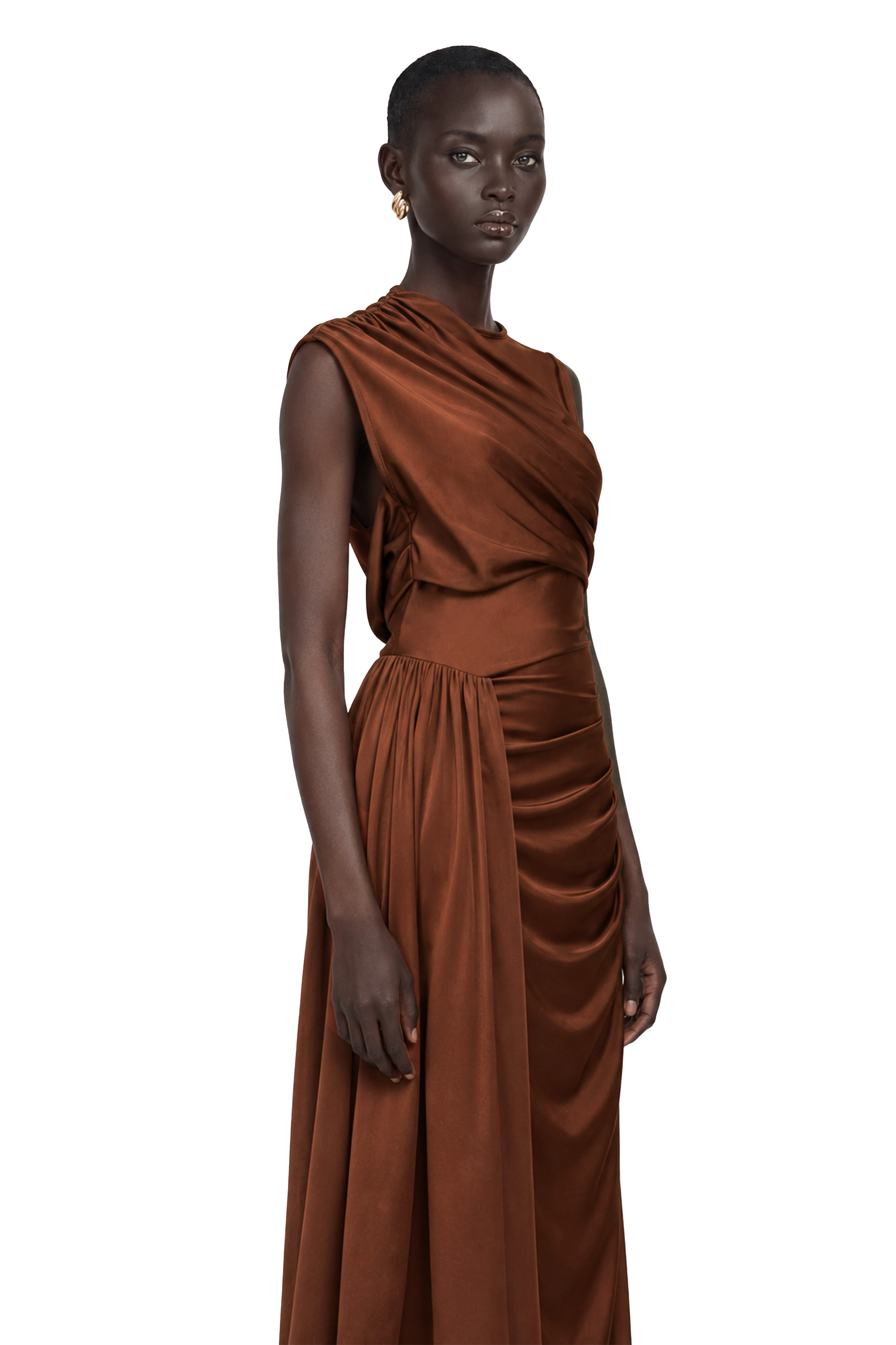 Reine Brown Asymmetrical Ruched Maxi Dress