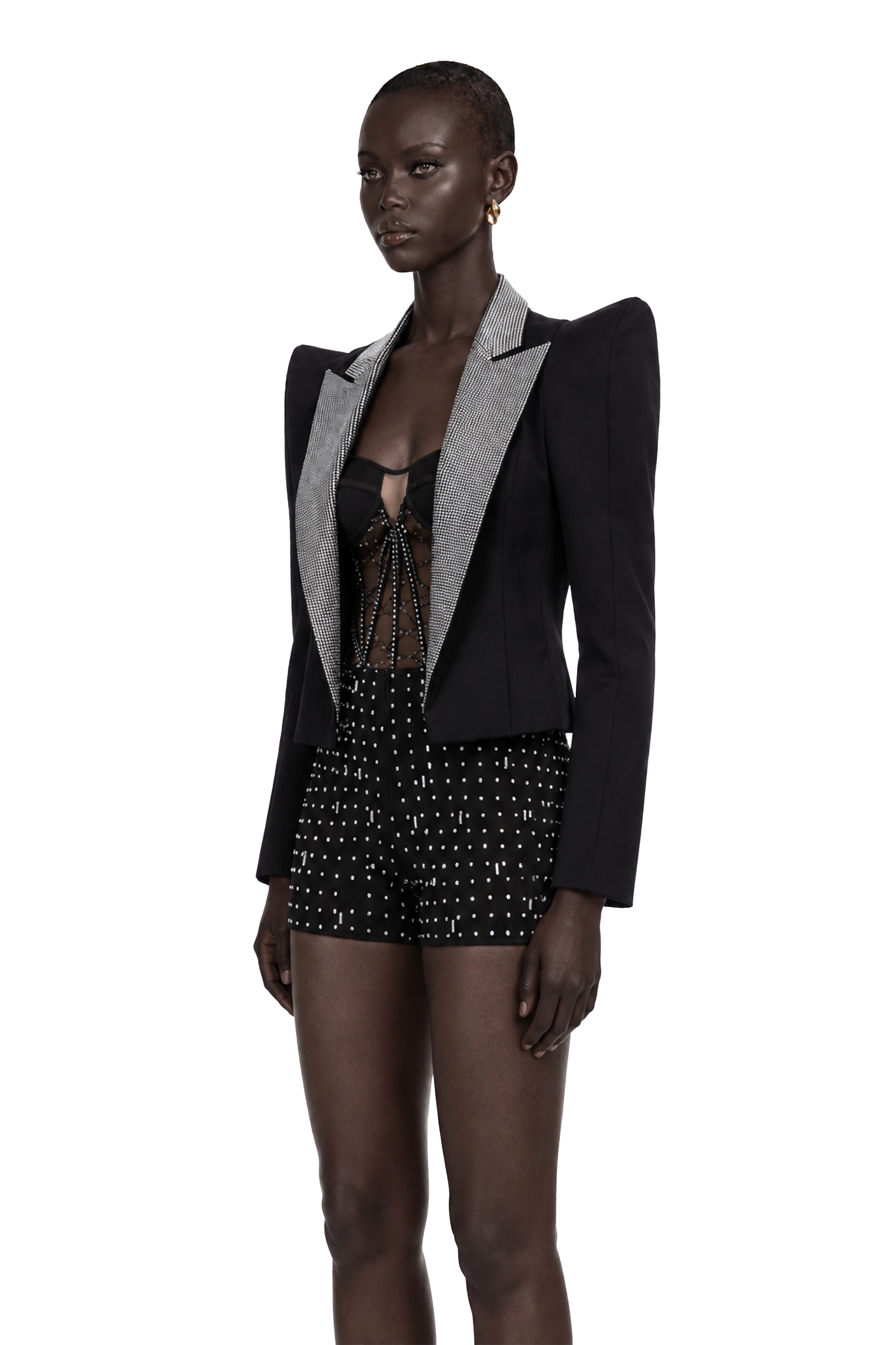 Annamaria Black Rhinestone Lapel Short Blazer