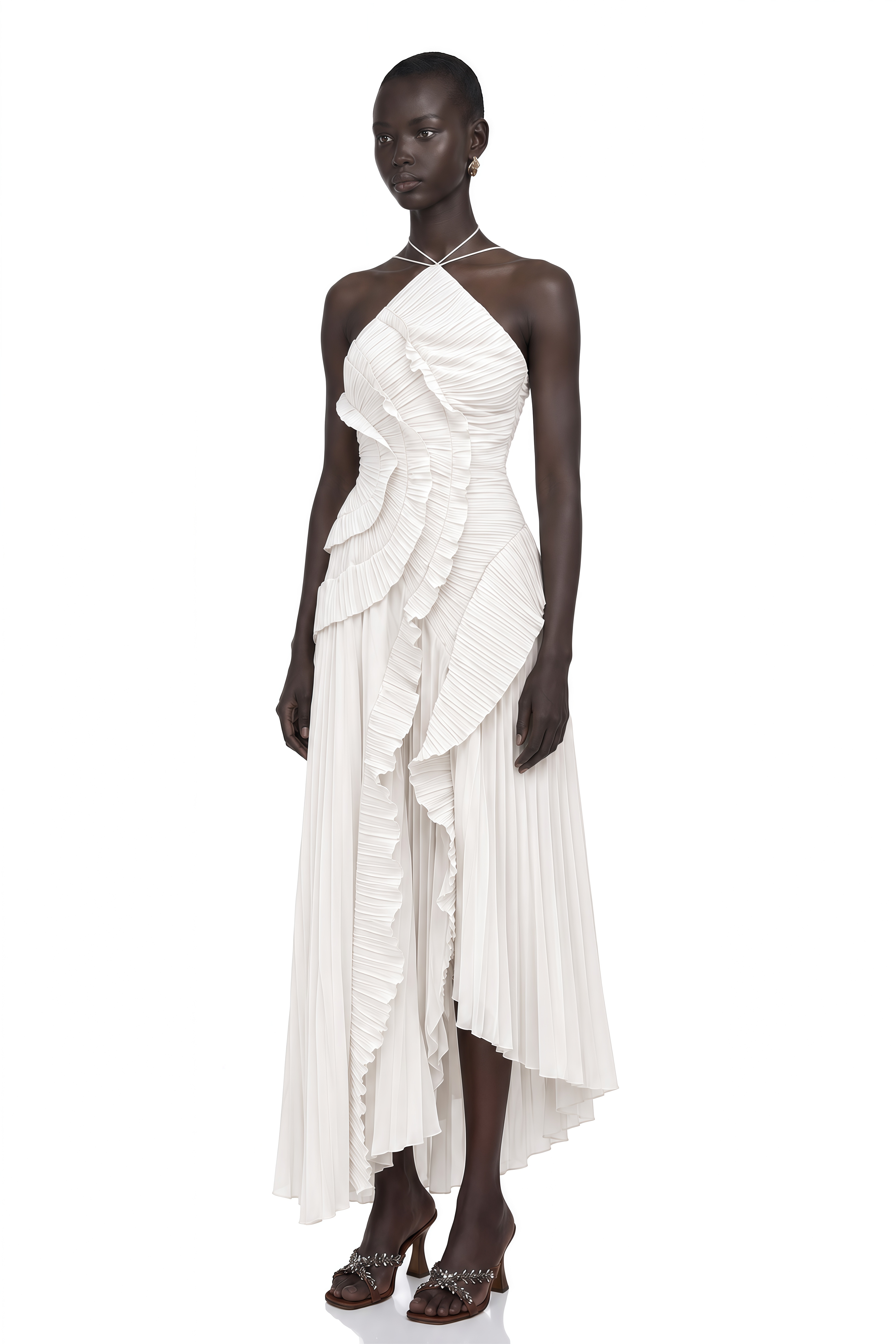Doux White Ruffled Trim Pleated Midi Dress