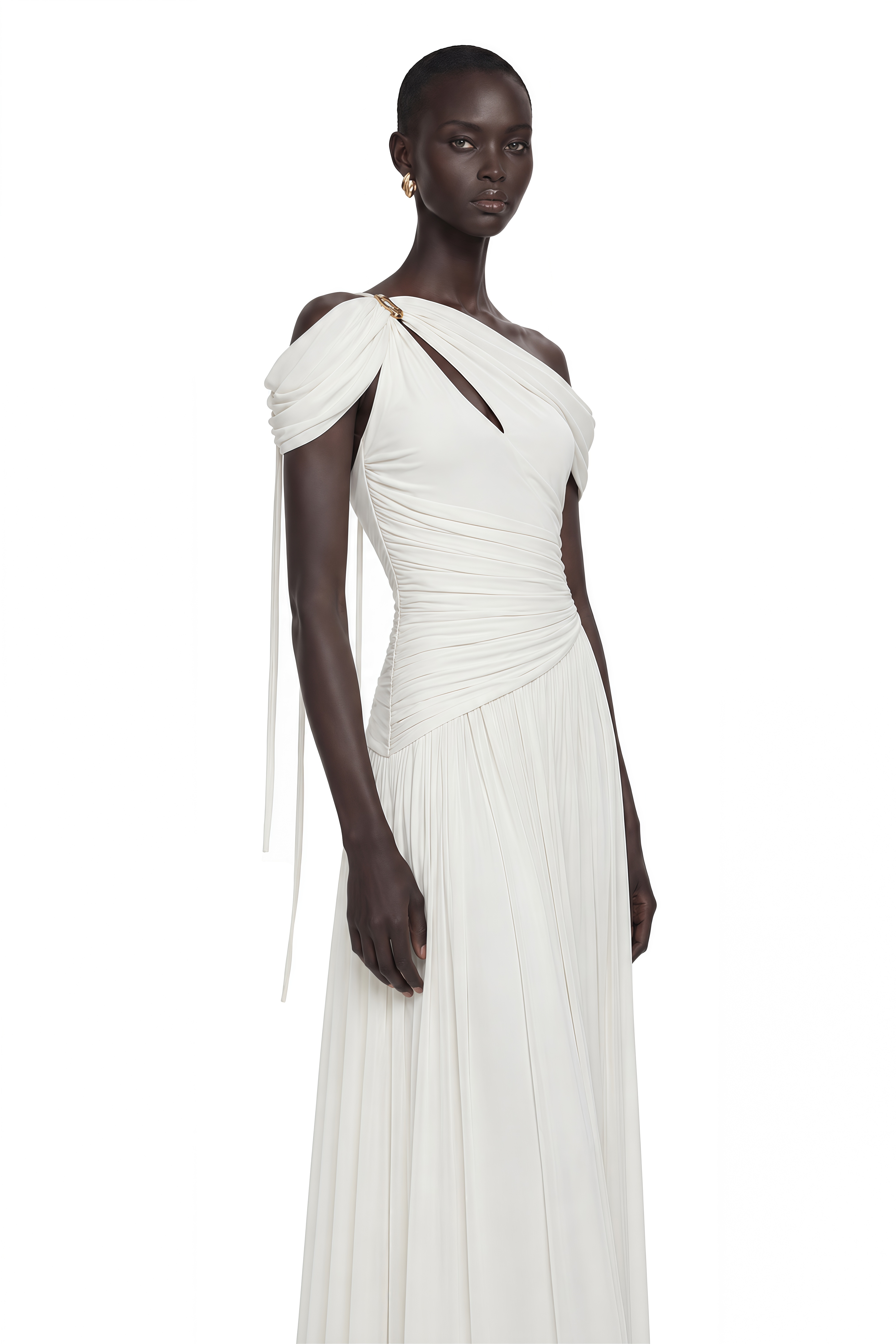 Sigrun White Asymmetrical Gathered Maxi Dress