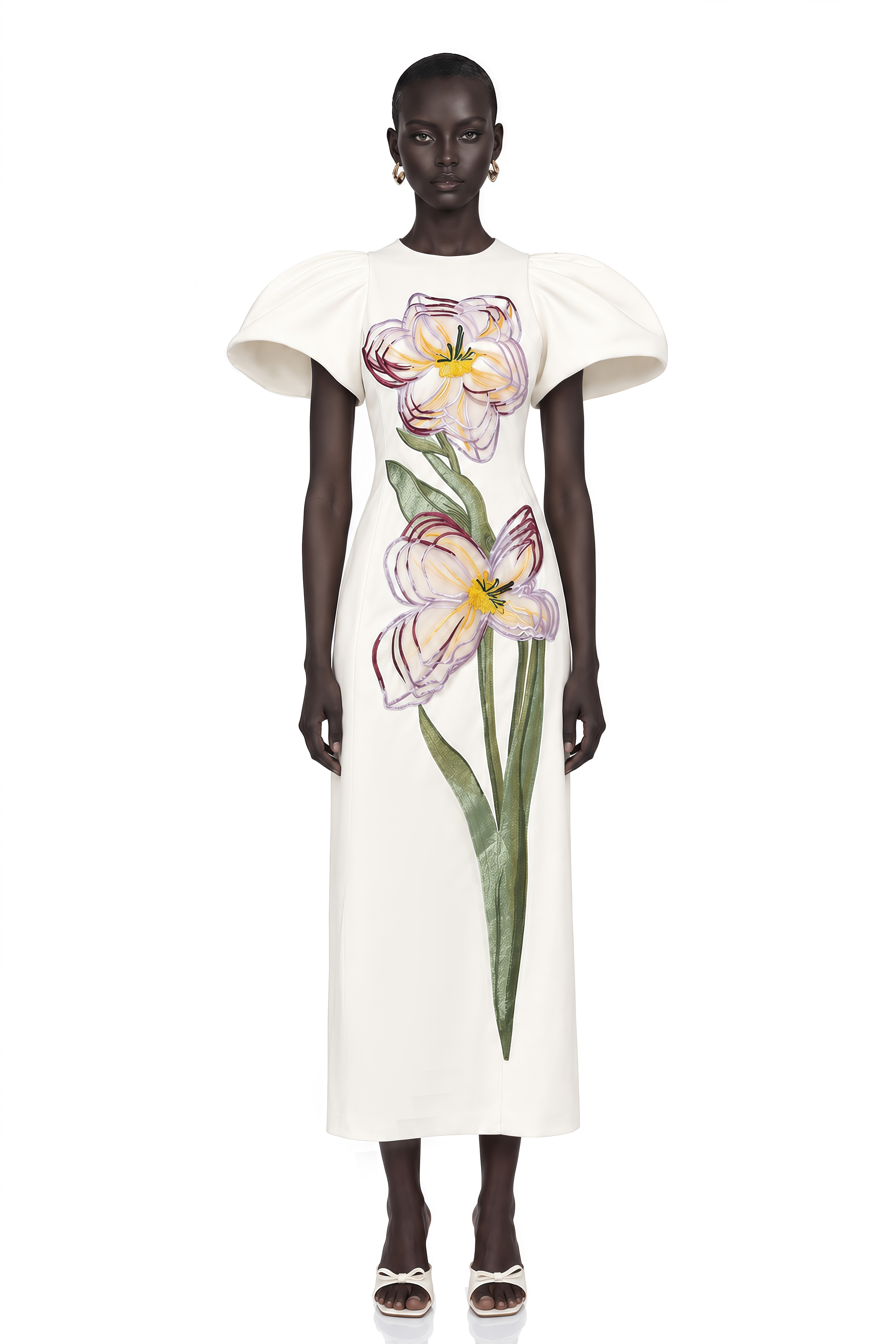 Irène White Sequin Floral Embroidered Midi Dress