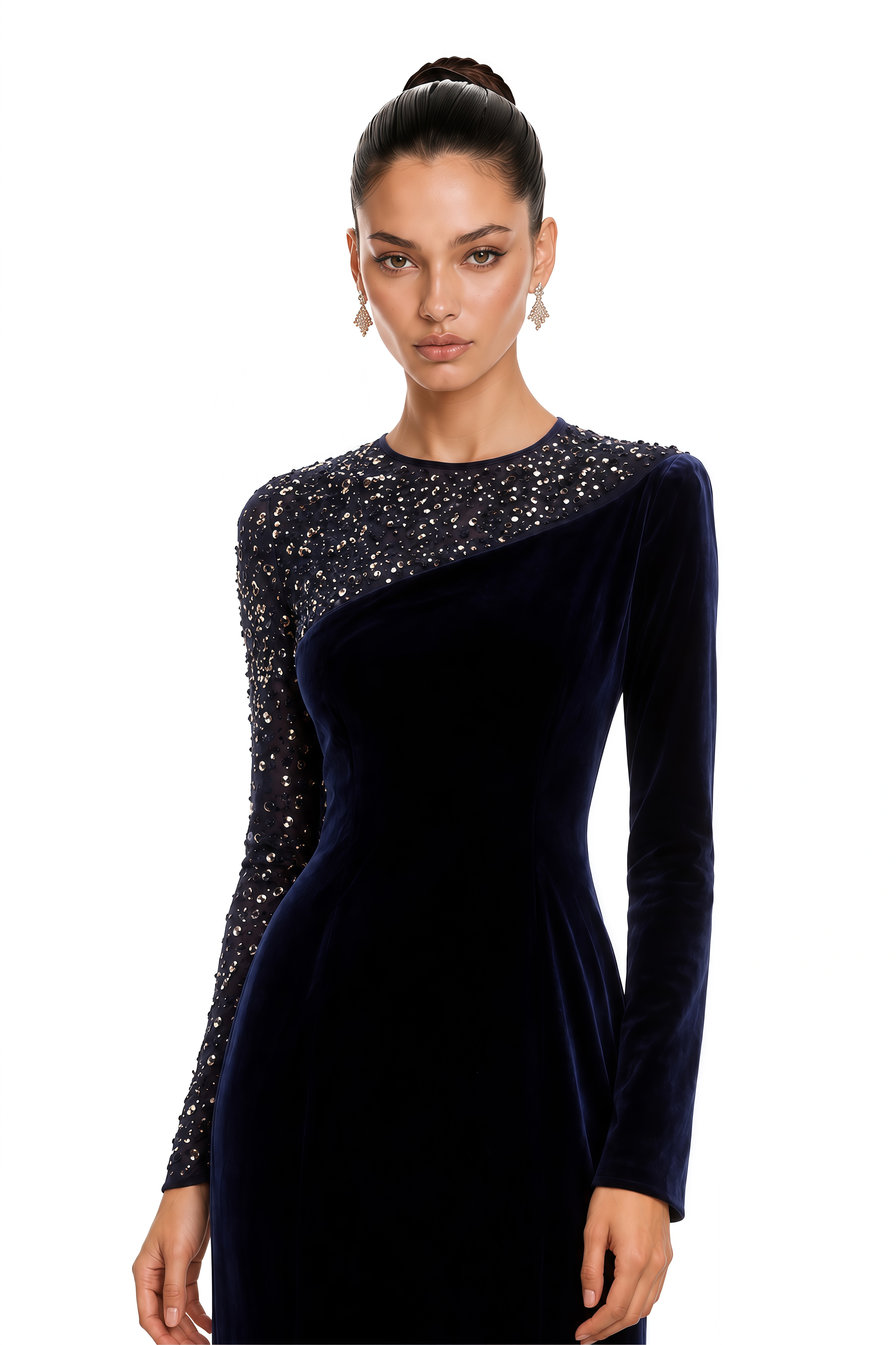 Rosemary Blue Embellished Velvet Maxi Gown