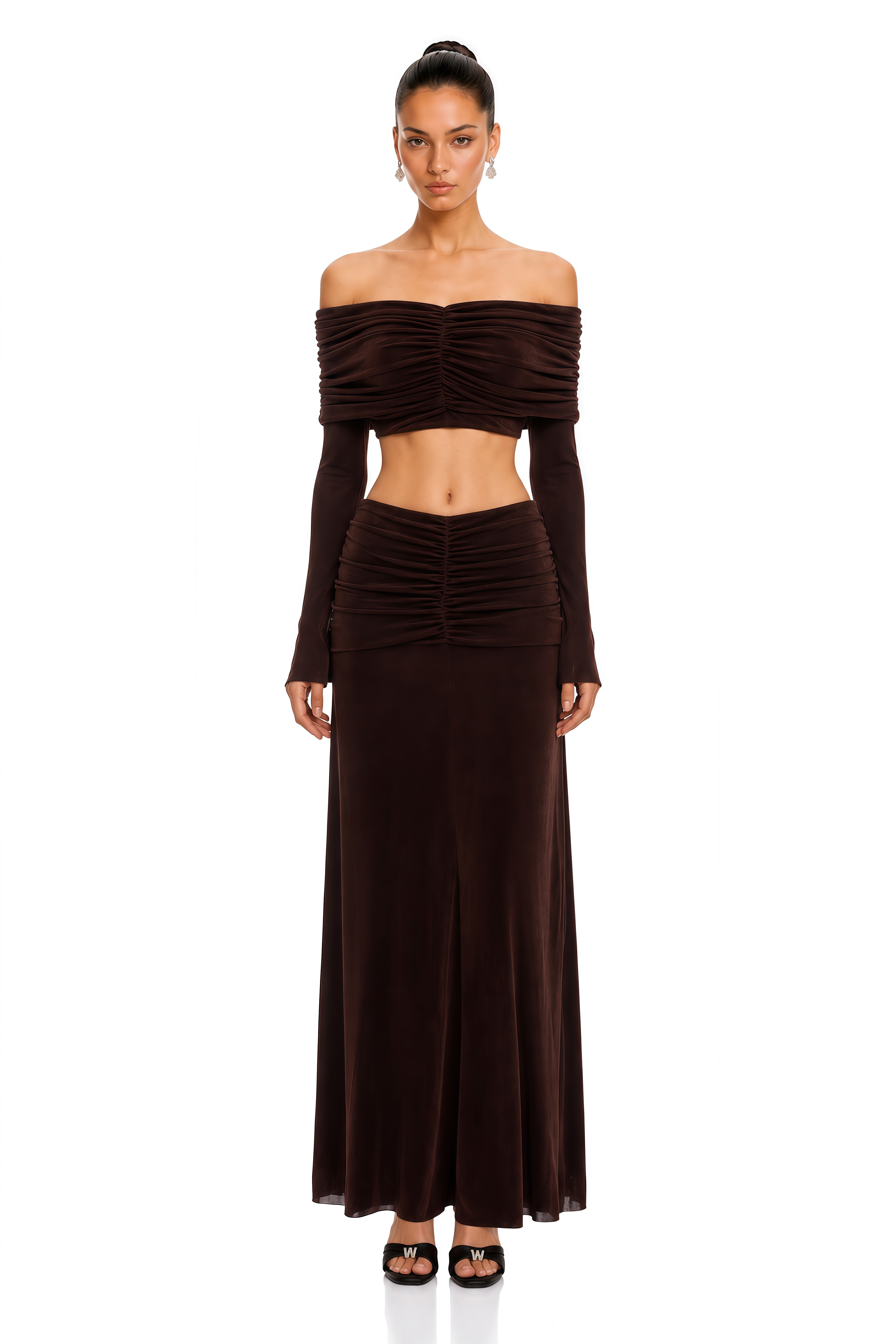 Solene Brown Off-Shoulder Top & Ruched Skirt Set