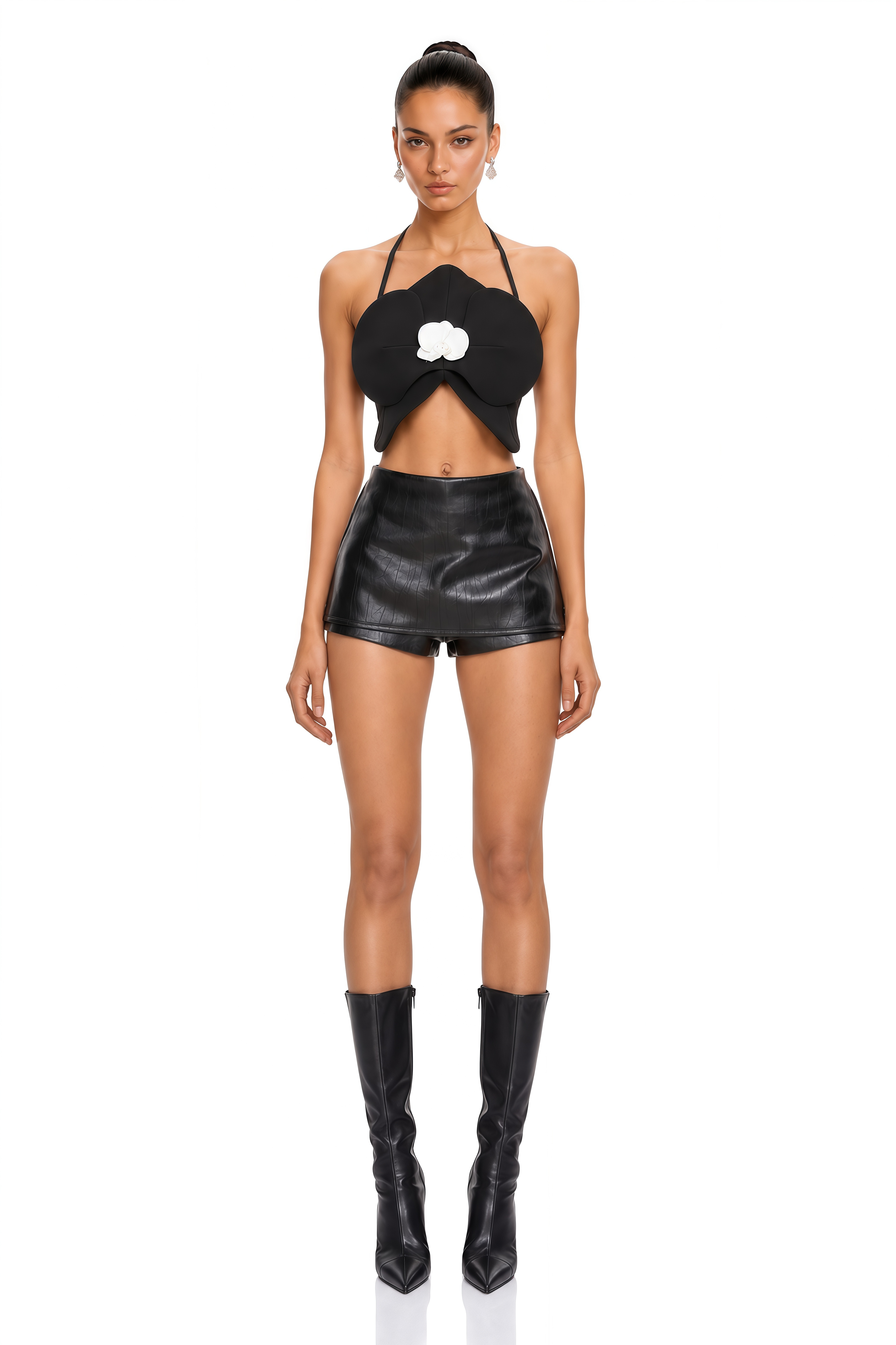 Leah Black Halterneck 3D Petal Cropped Top