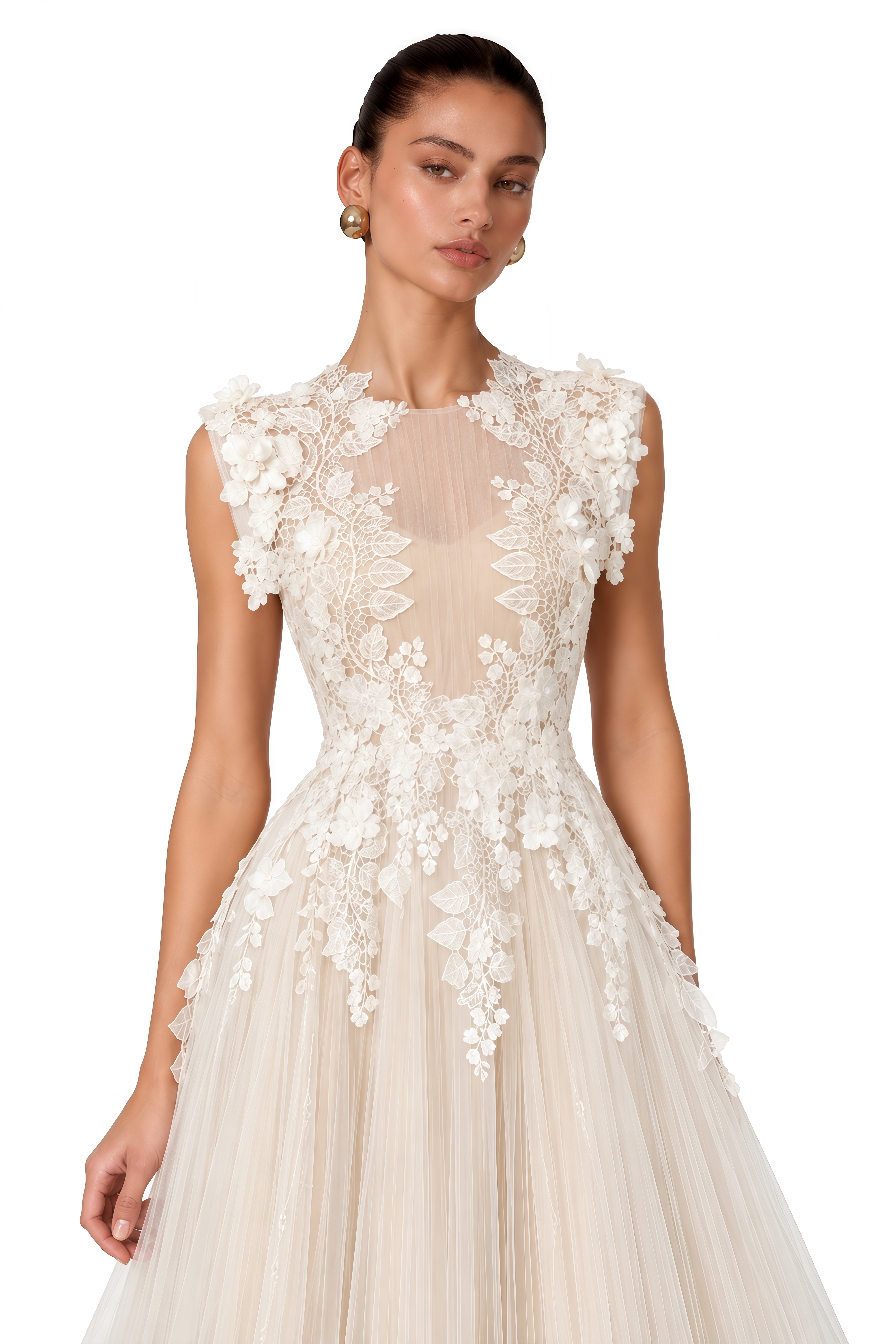 Annabelle Flower-appliqué Tulle Midi Dress (Without Belt)