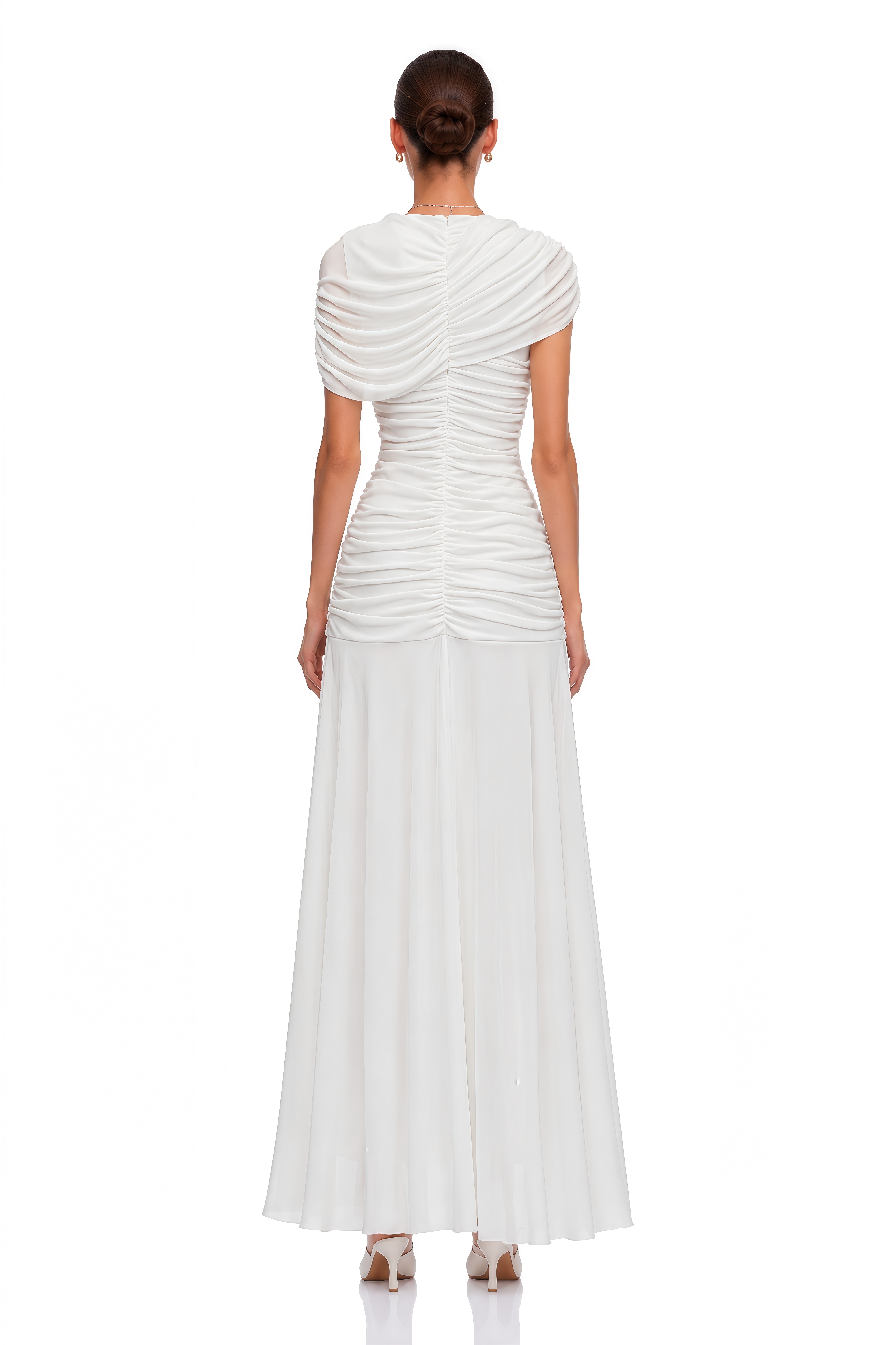 Rosalyn White Crew Neck Ruched Maxi Dress
