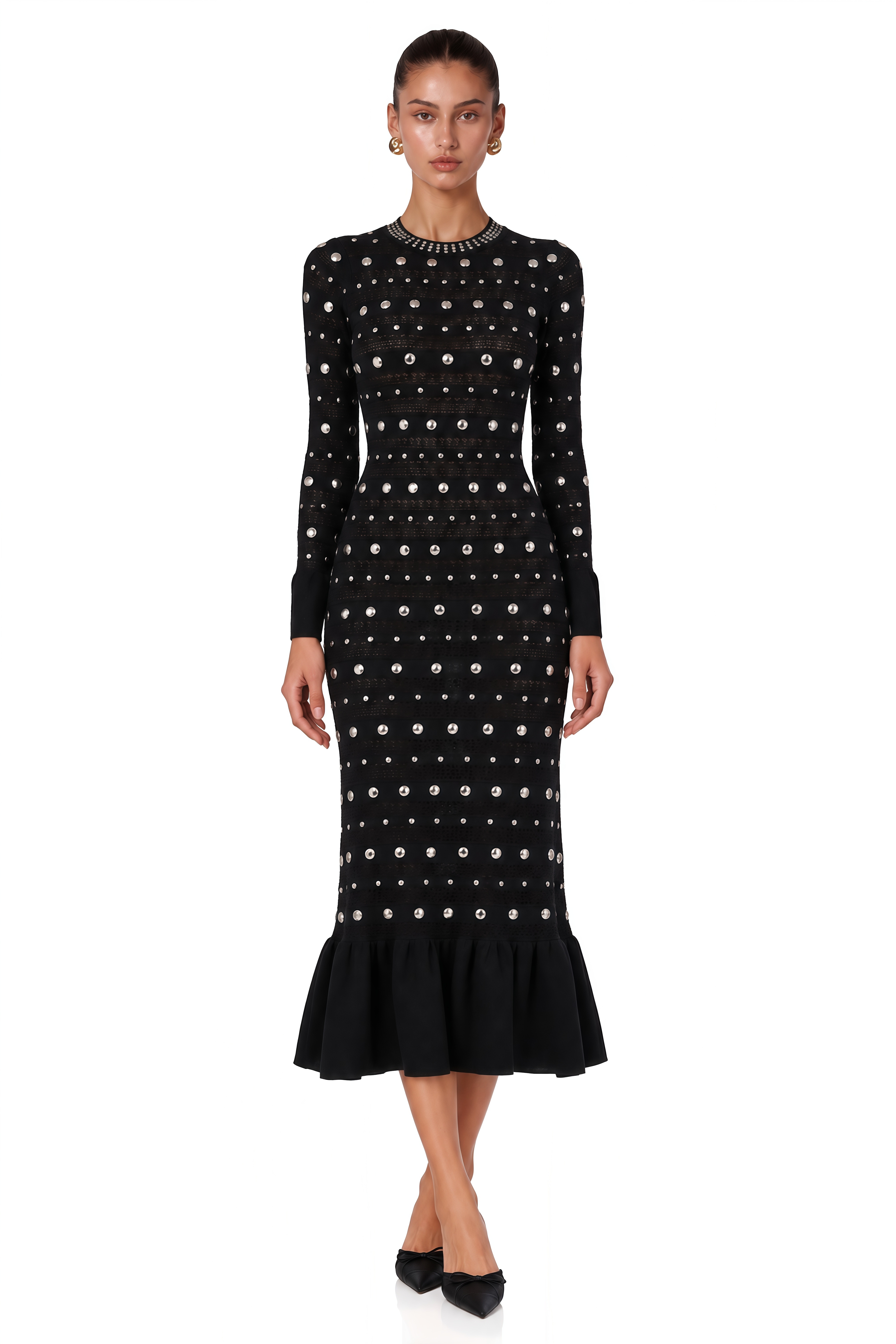 Chloé Black Long Sleeve Studded Crochet Knit Midi dress
