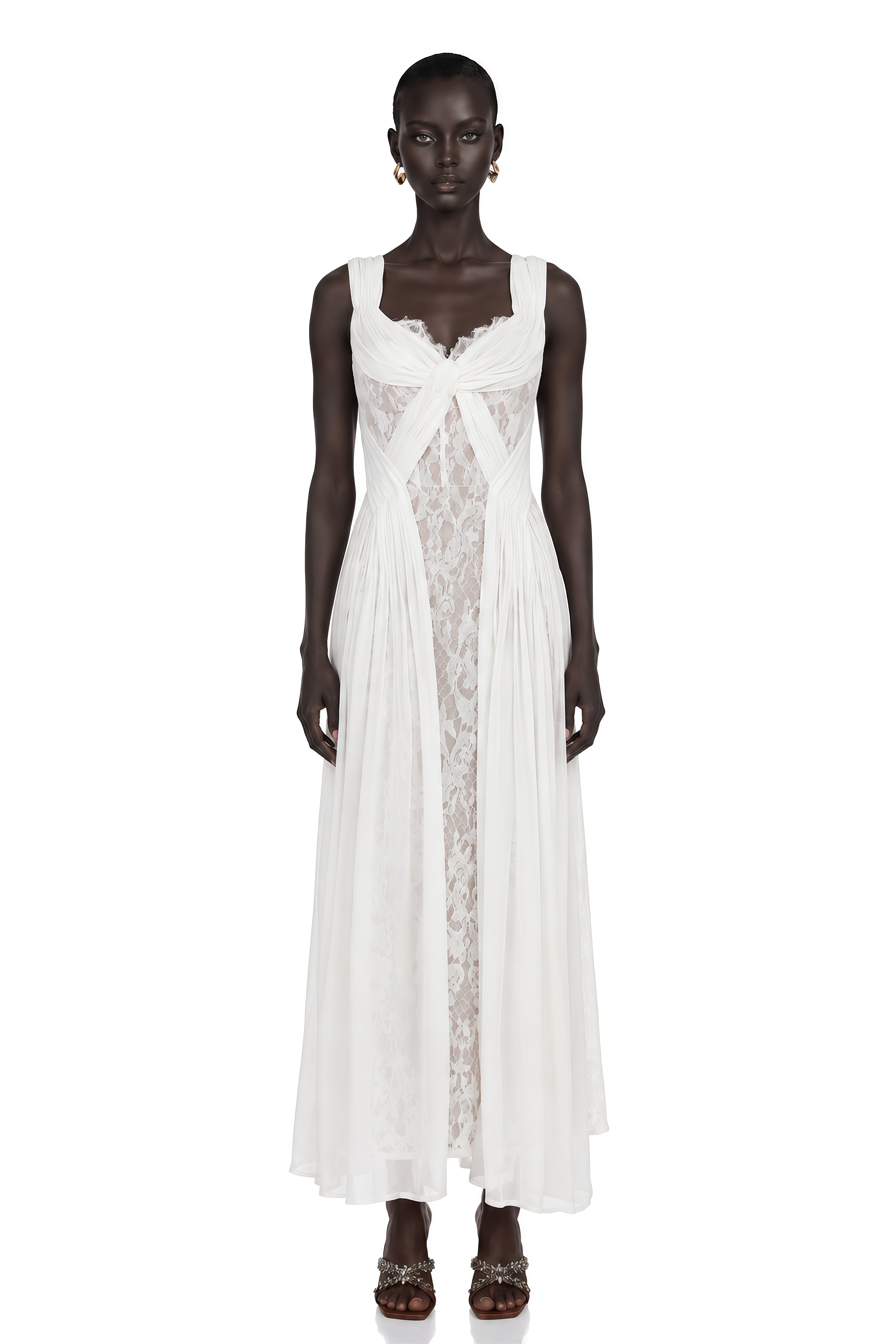Arantxa White Lace Pleated Maxi Dress