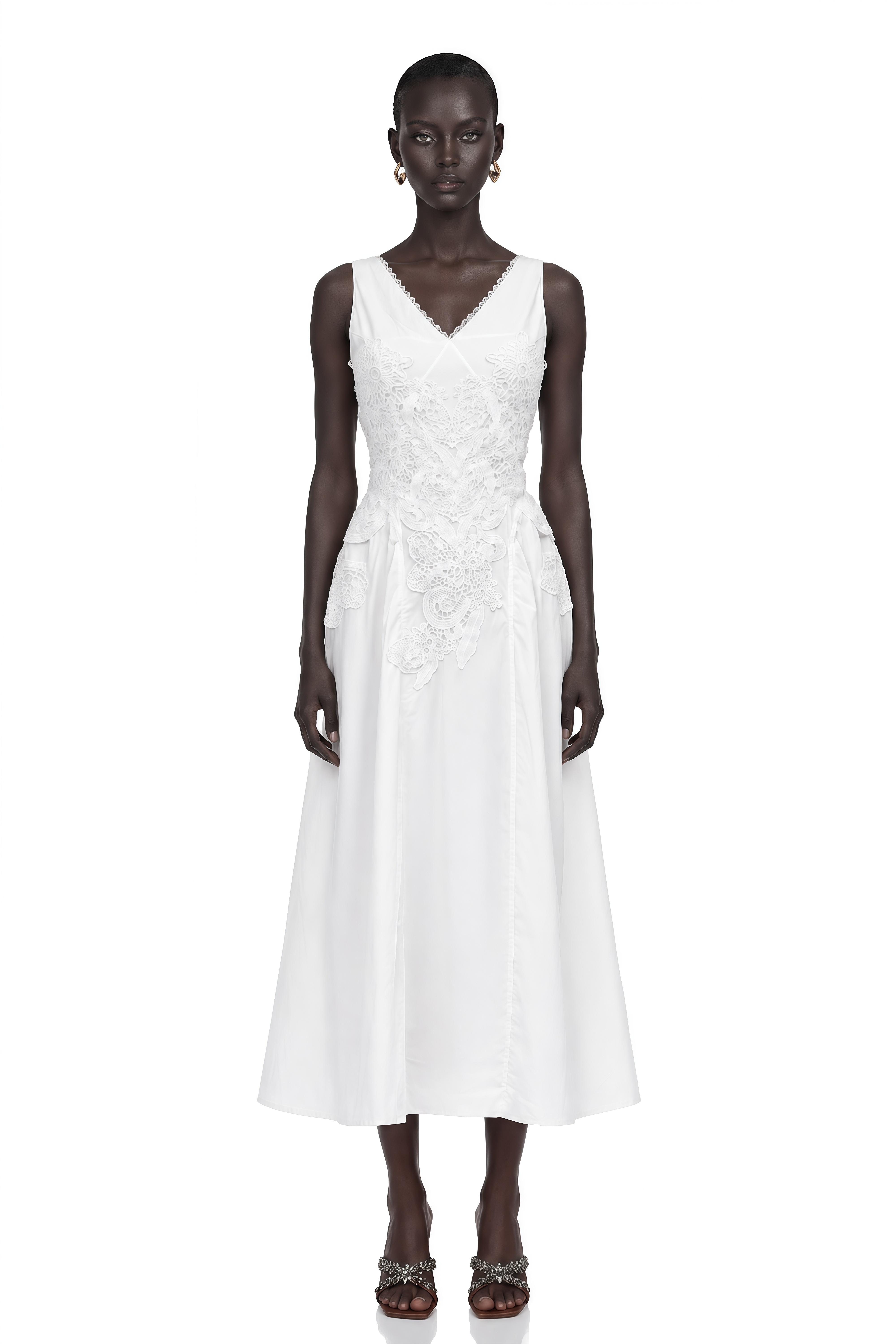 Gertrude White V-Neck Lace Midi Dress