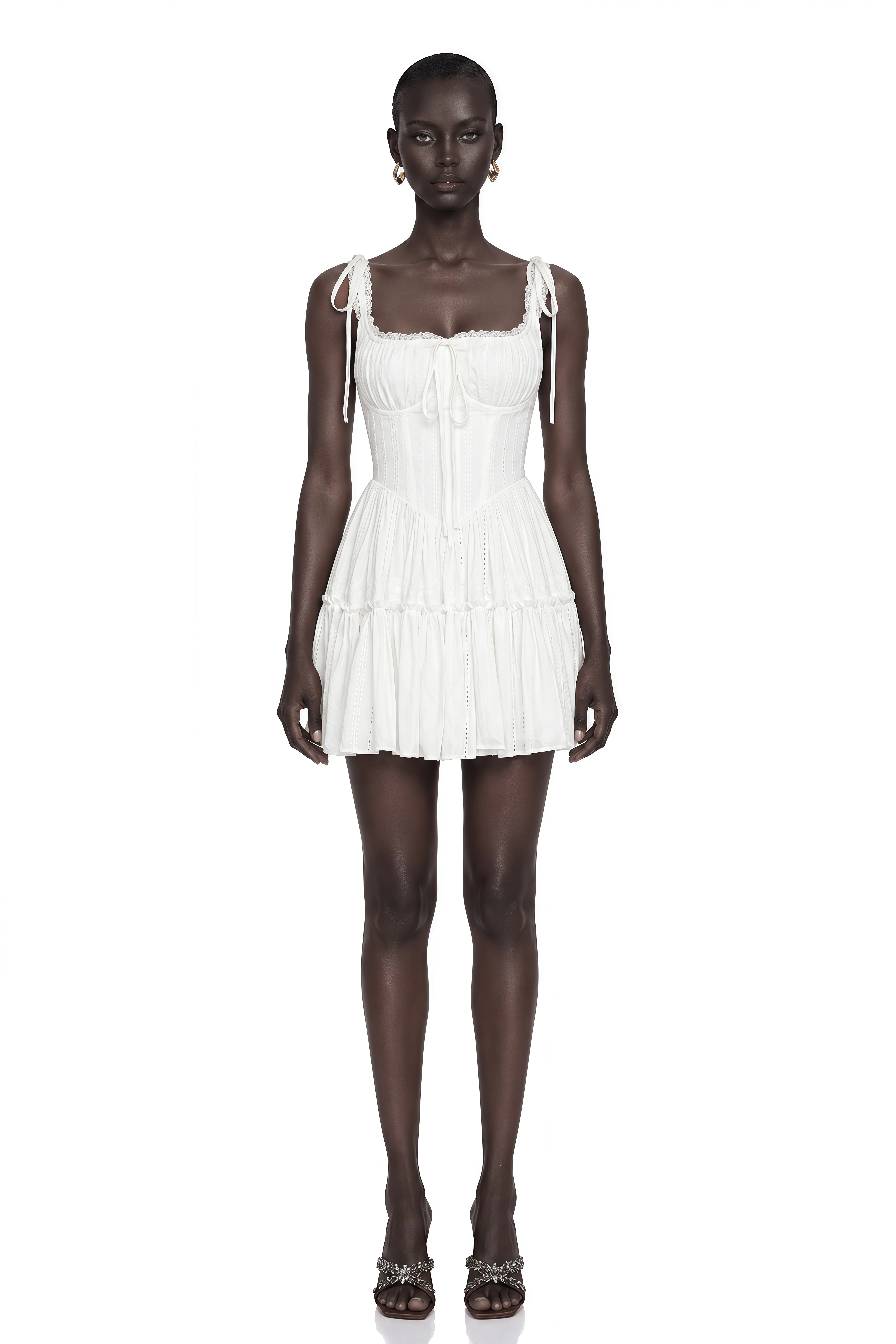 Lente White Ruffled Lace Mini Dress