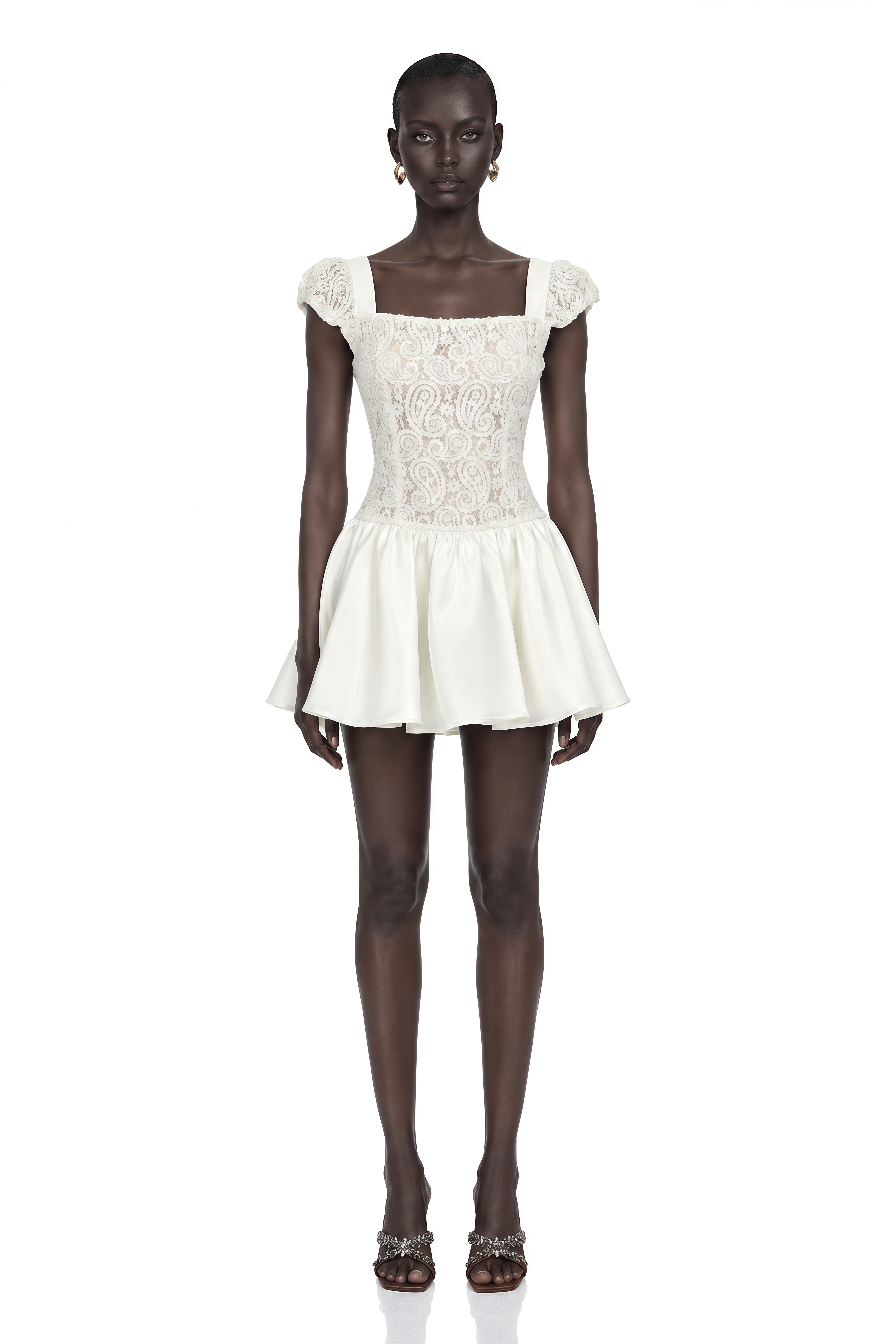 Hermione White Square Neck Mini Dress with Lace Panels