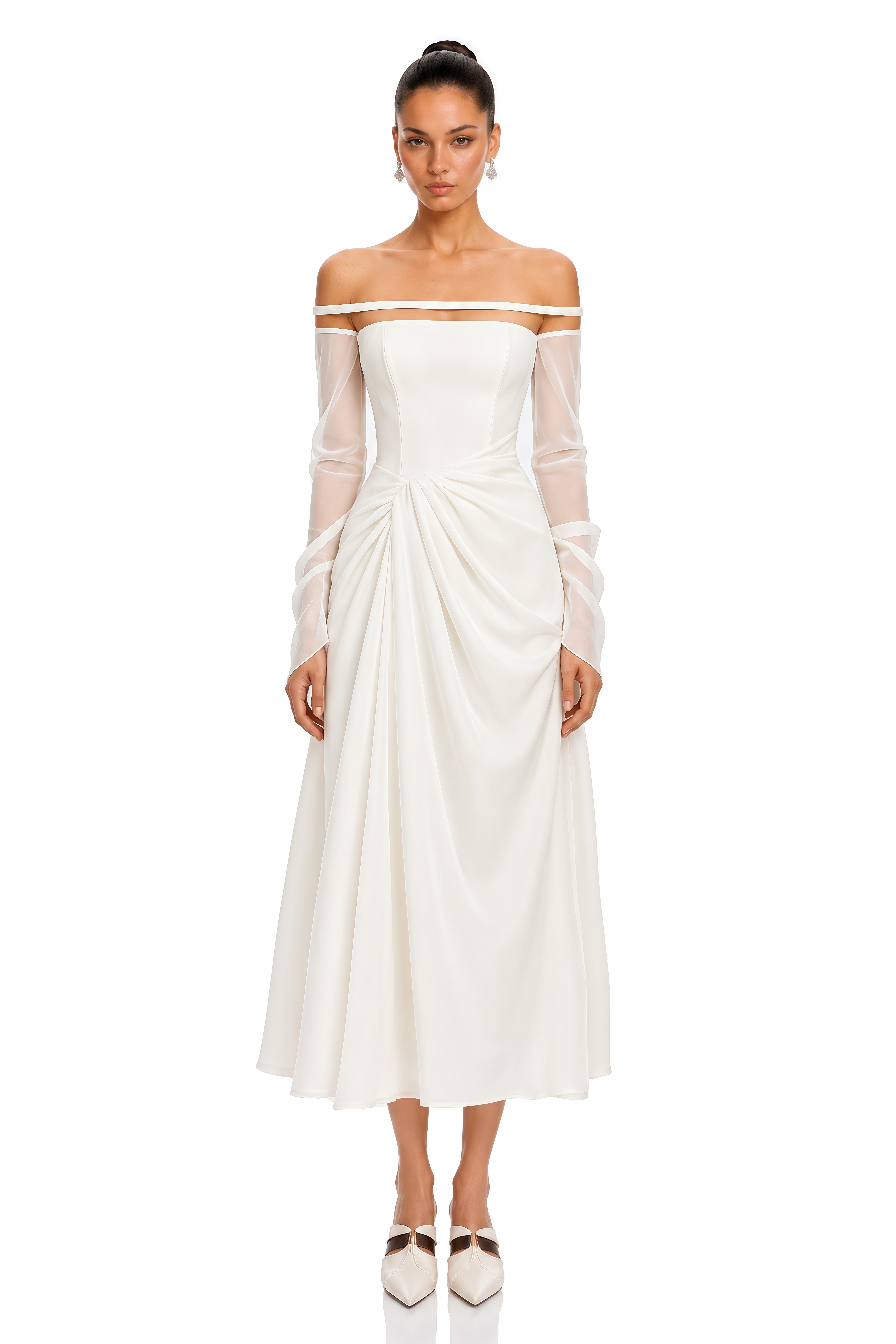 Gelsomina White Gathered Crepe Midi Dress
