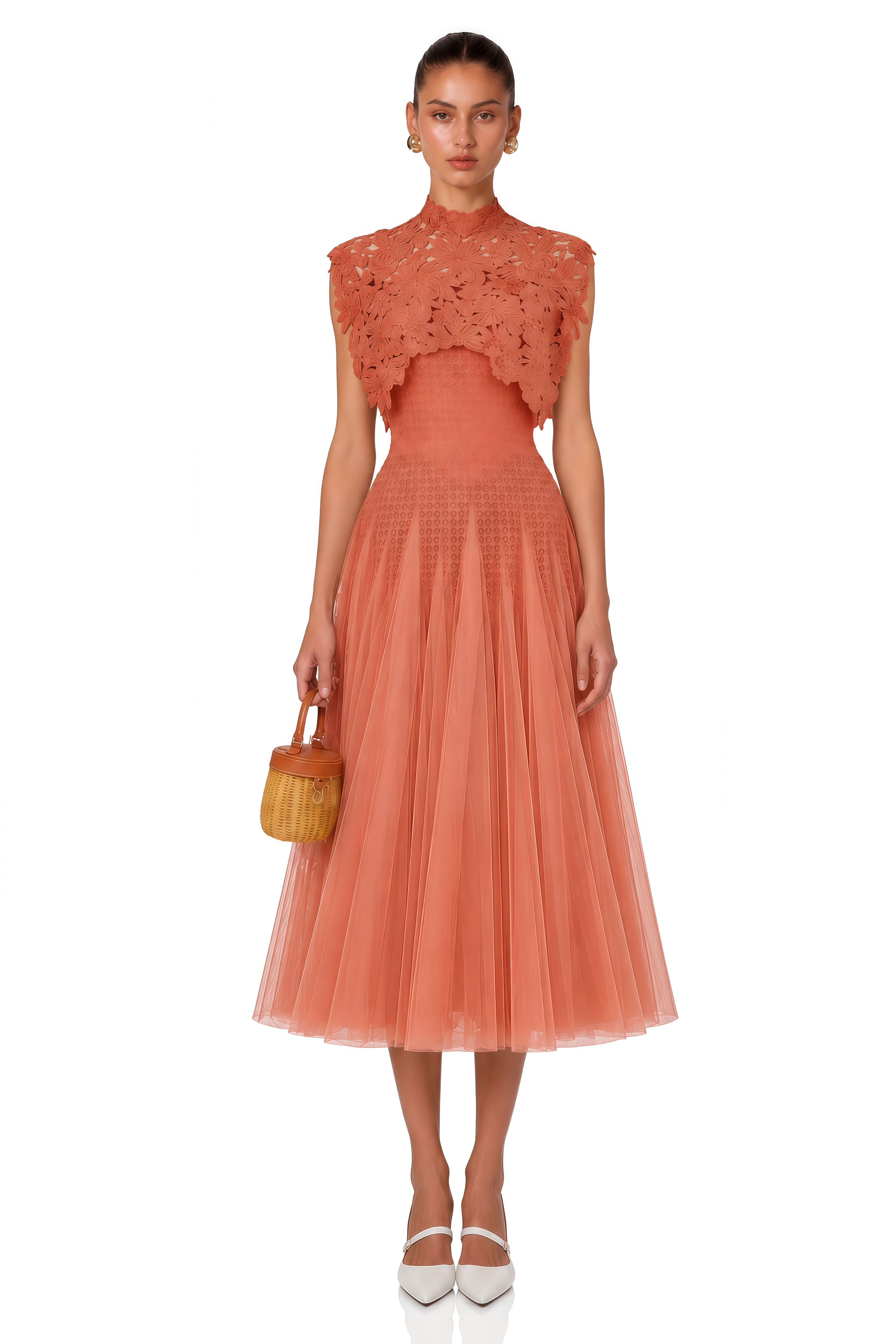 Margaret Orange Floral Crochet Midi Dress