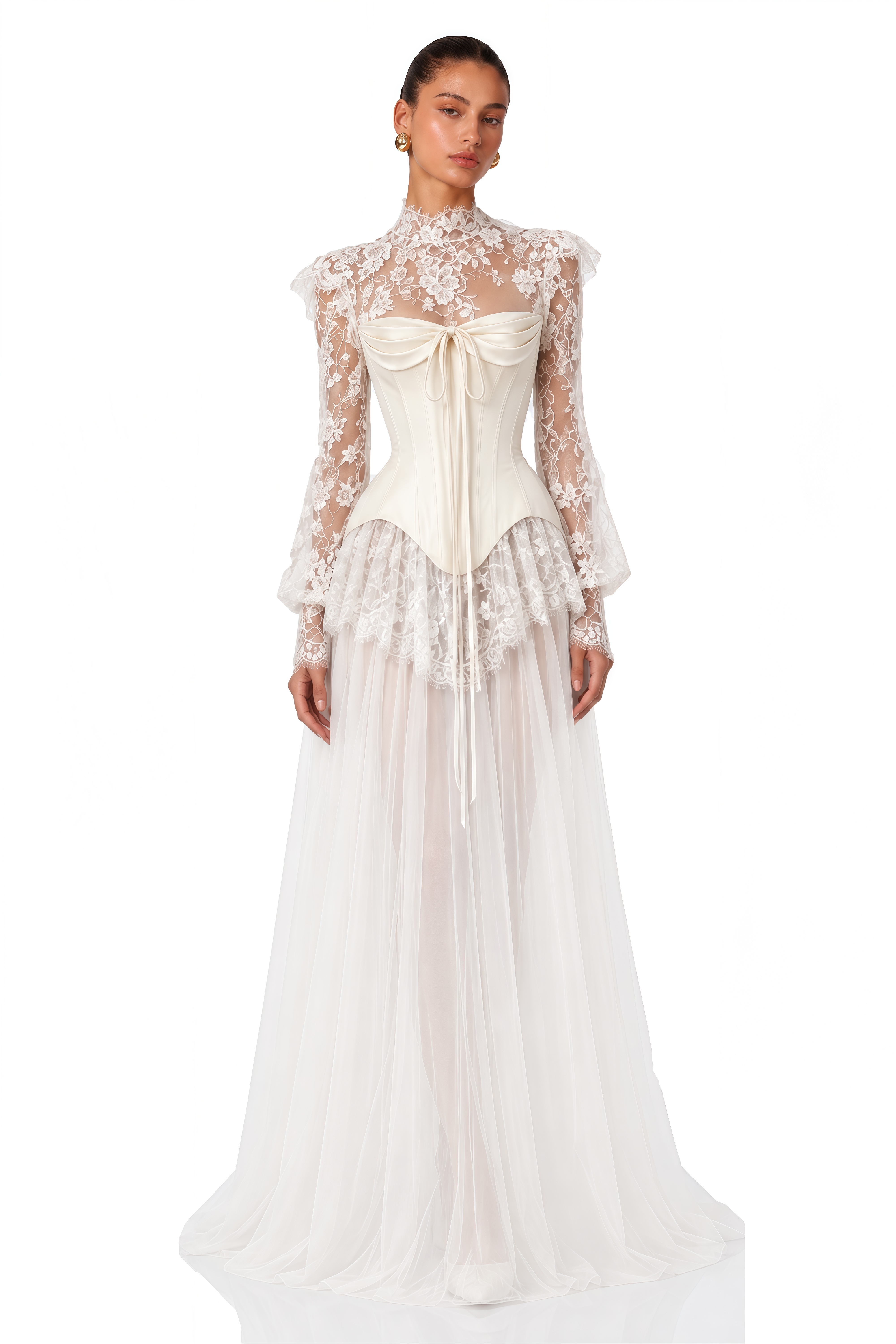 Michalina White Lace Convertible Gown with Long Sleeves