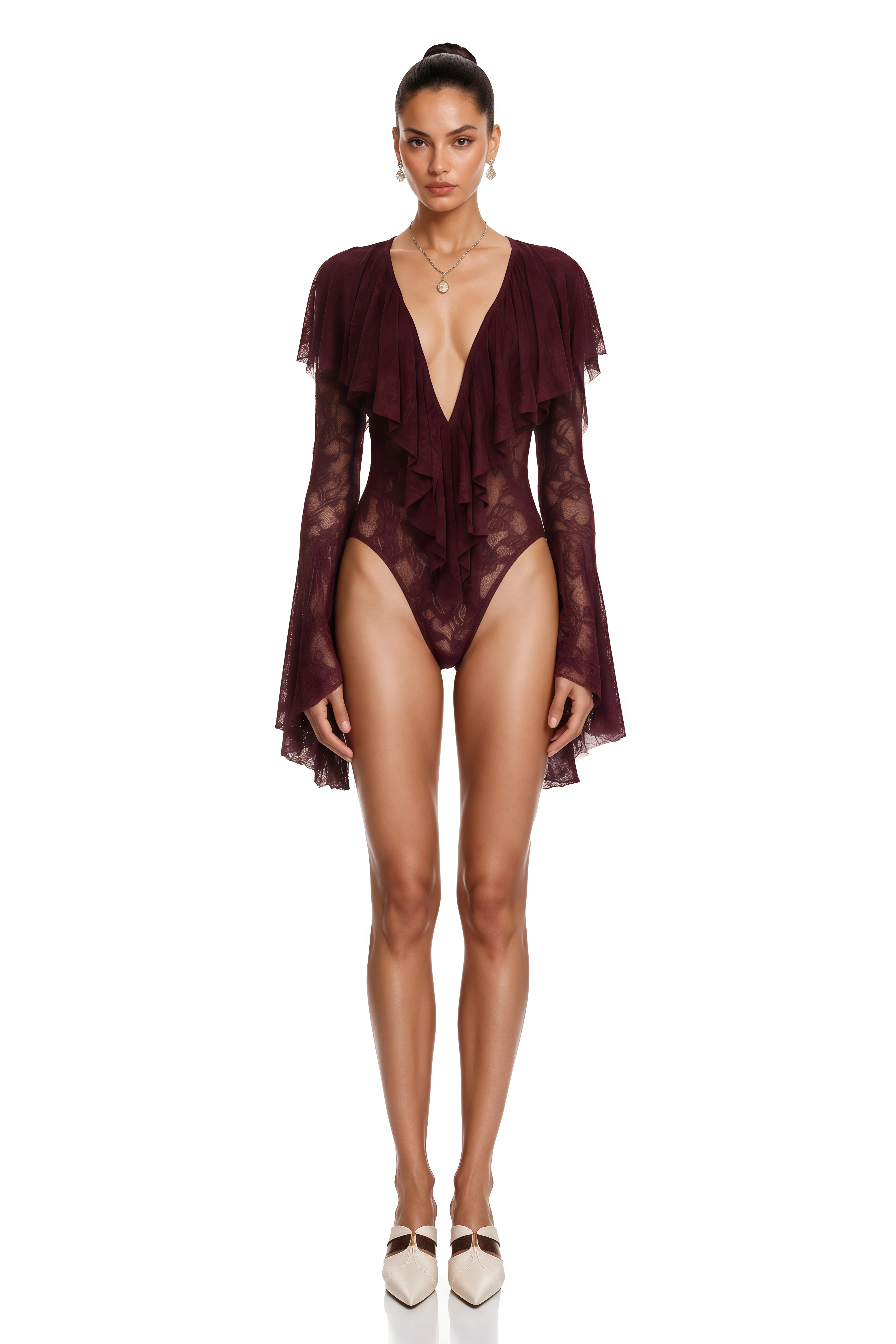 Ruan Burgundy Ruffled Lace Bodysuit