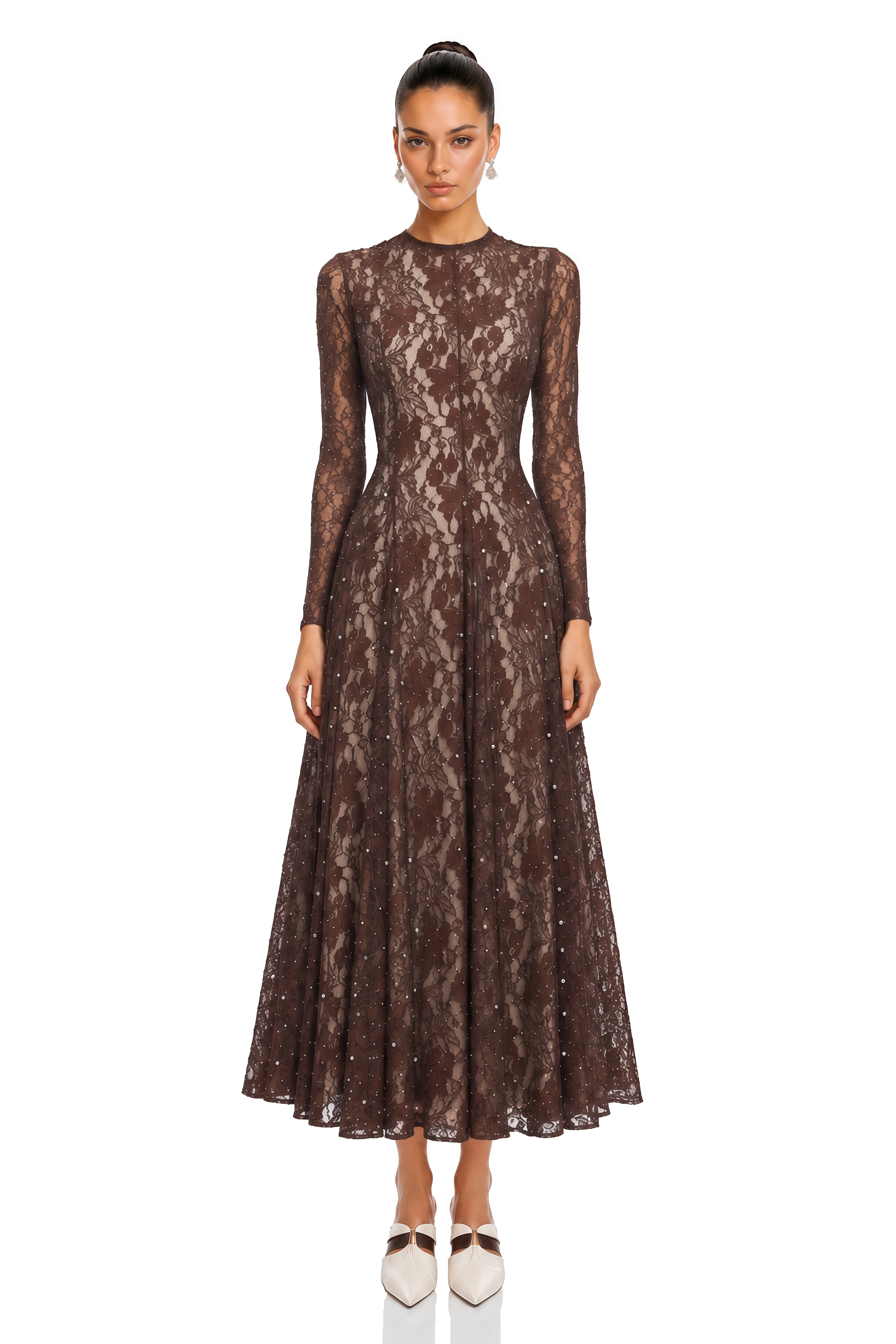 Hazel Brown Round Neck Floral Lace Maxi Dress