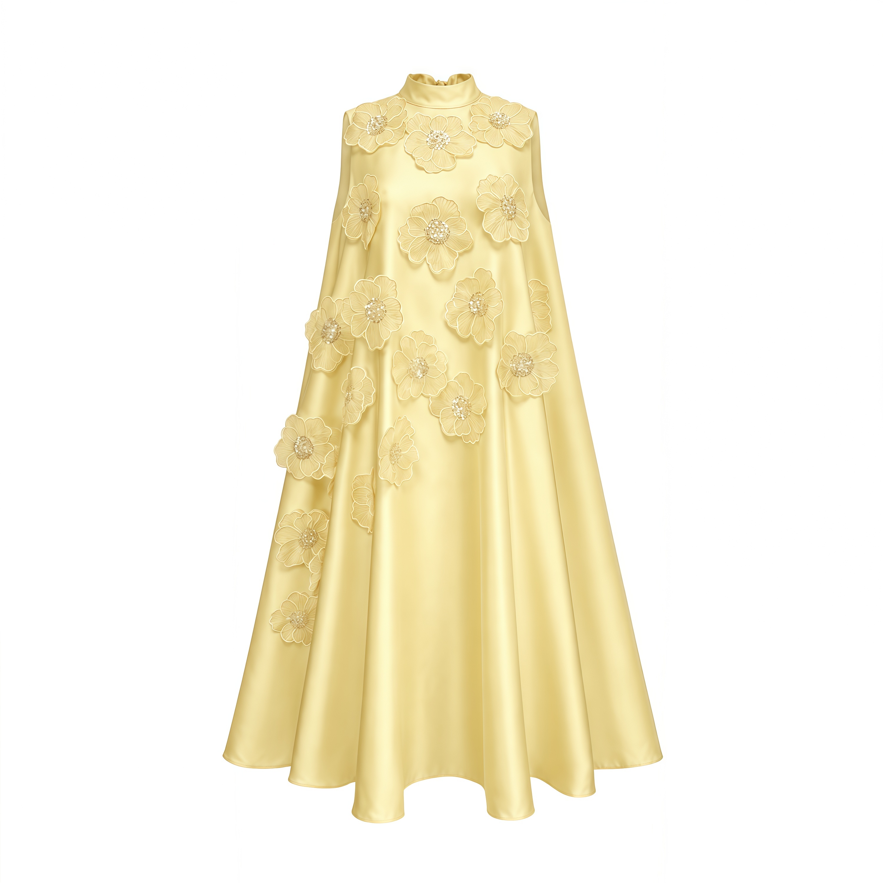 Émilie Sleeveless Floral-Applique Midi Dress in Yellow