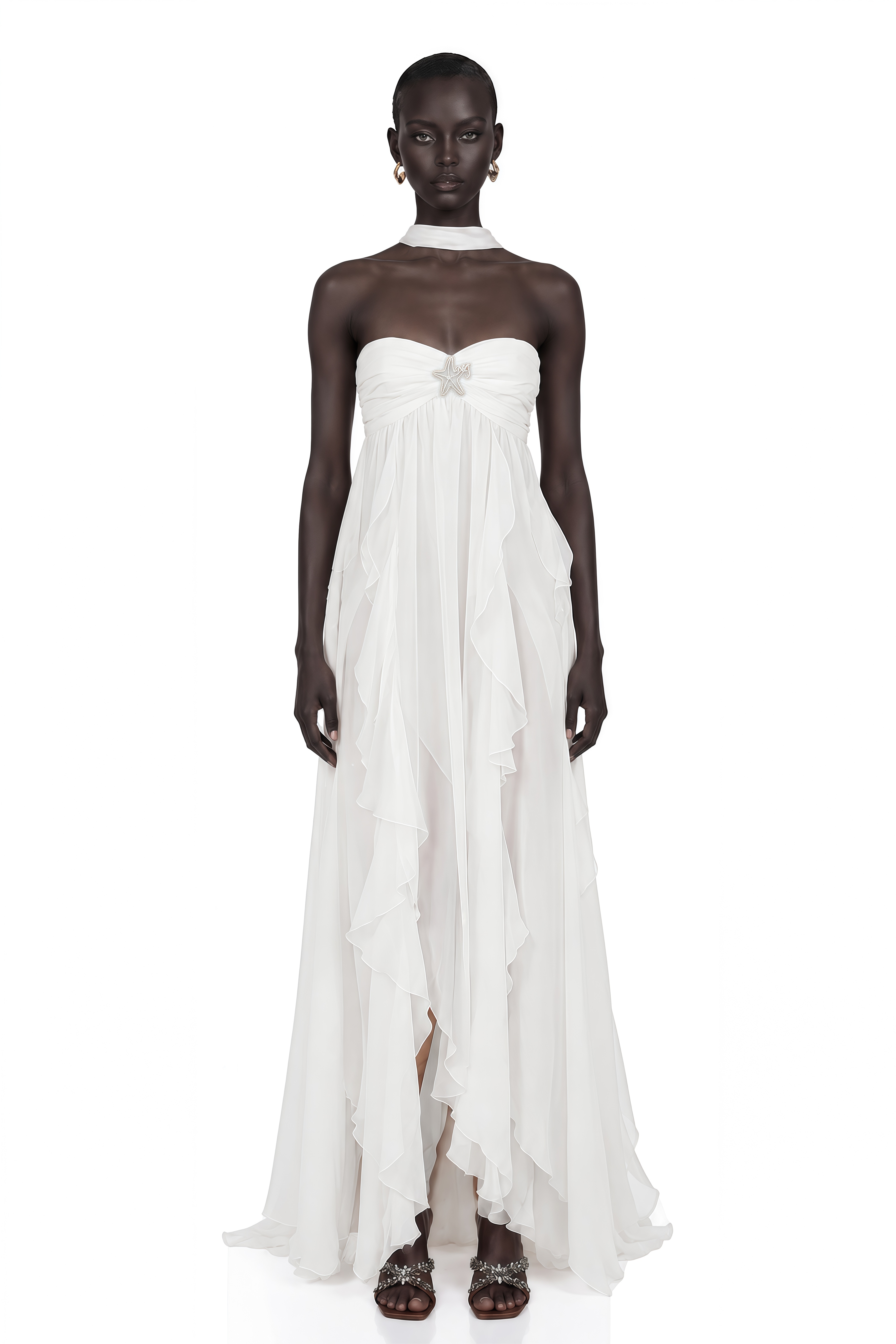 Mariah White Chiffon Ruffle Halterneck Maxi Dress
