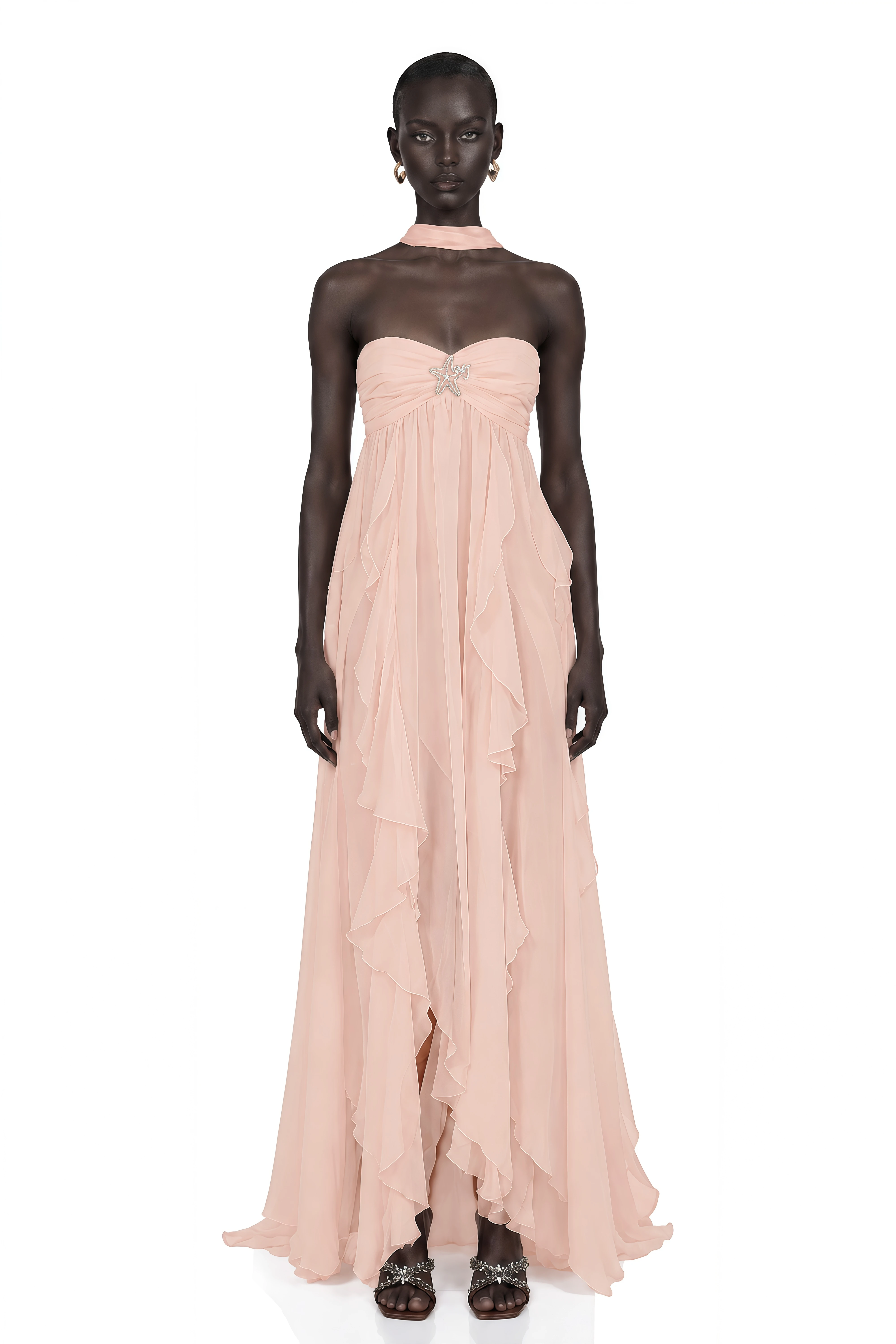 Mariah Pink Chiffon Ruffle Halterneck Maxi Dress