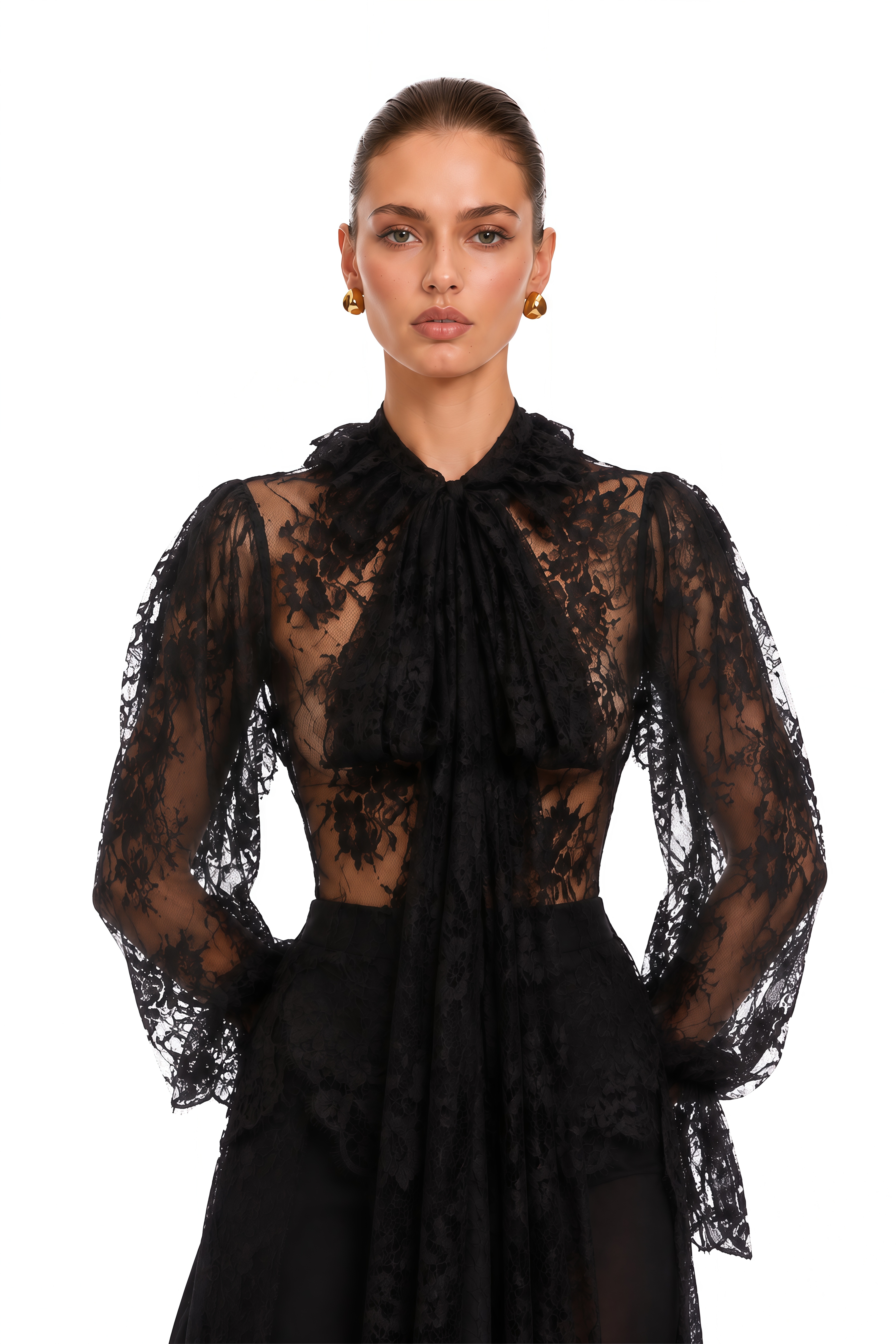 Quintine Black Ribbon Tie-Neck Floral Lace Blouse