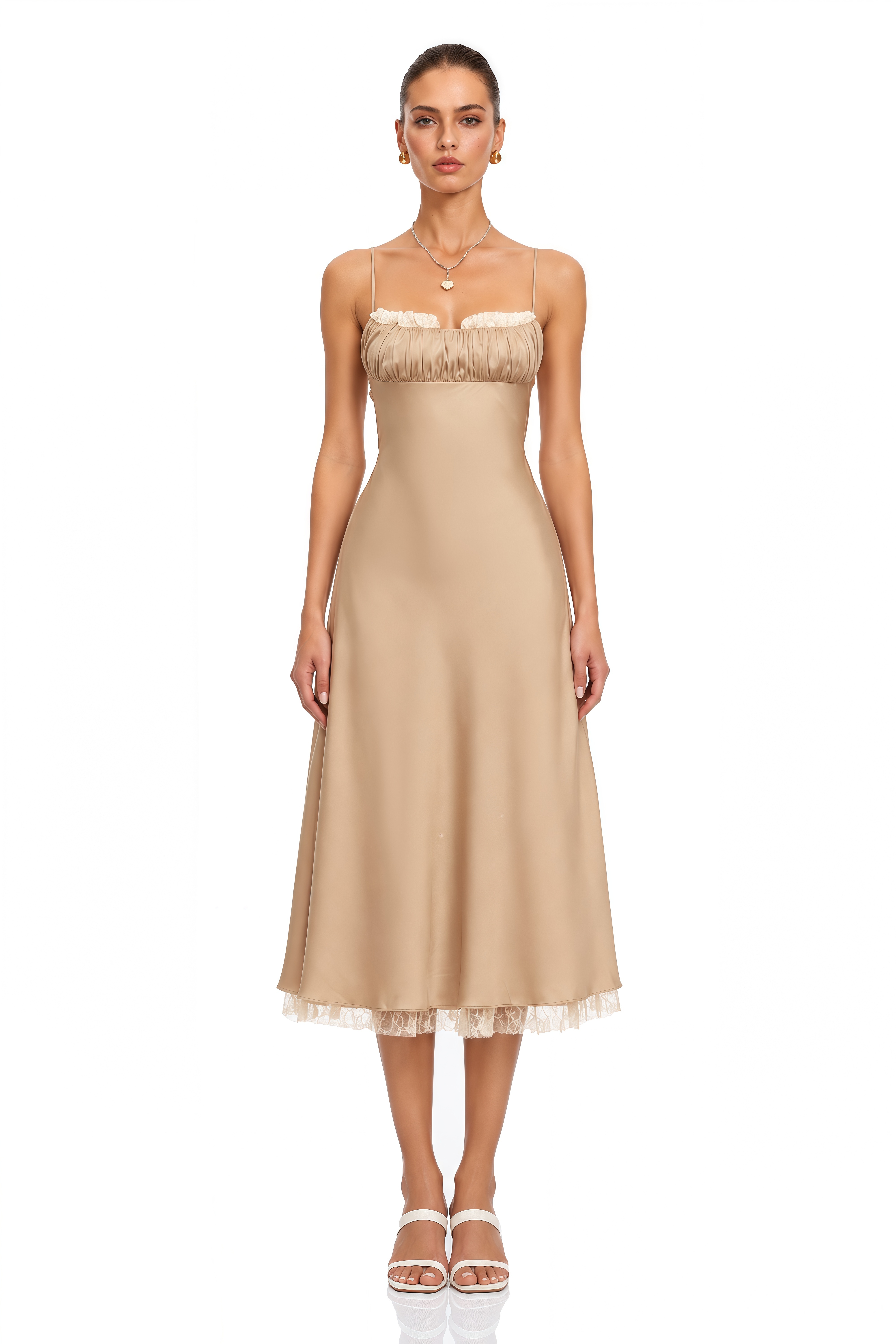 Ananias Khaki Lace Panel Satin Midi Dress