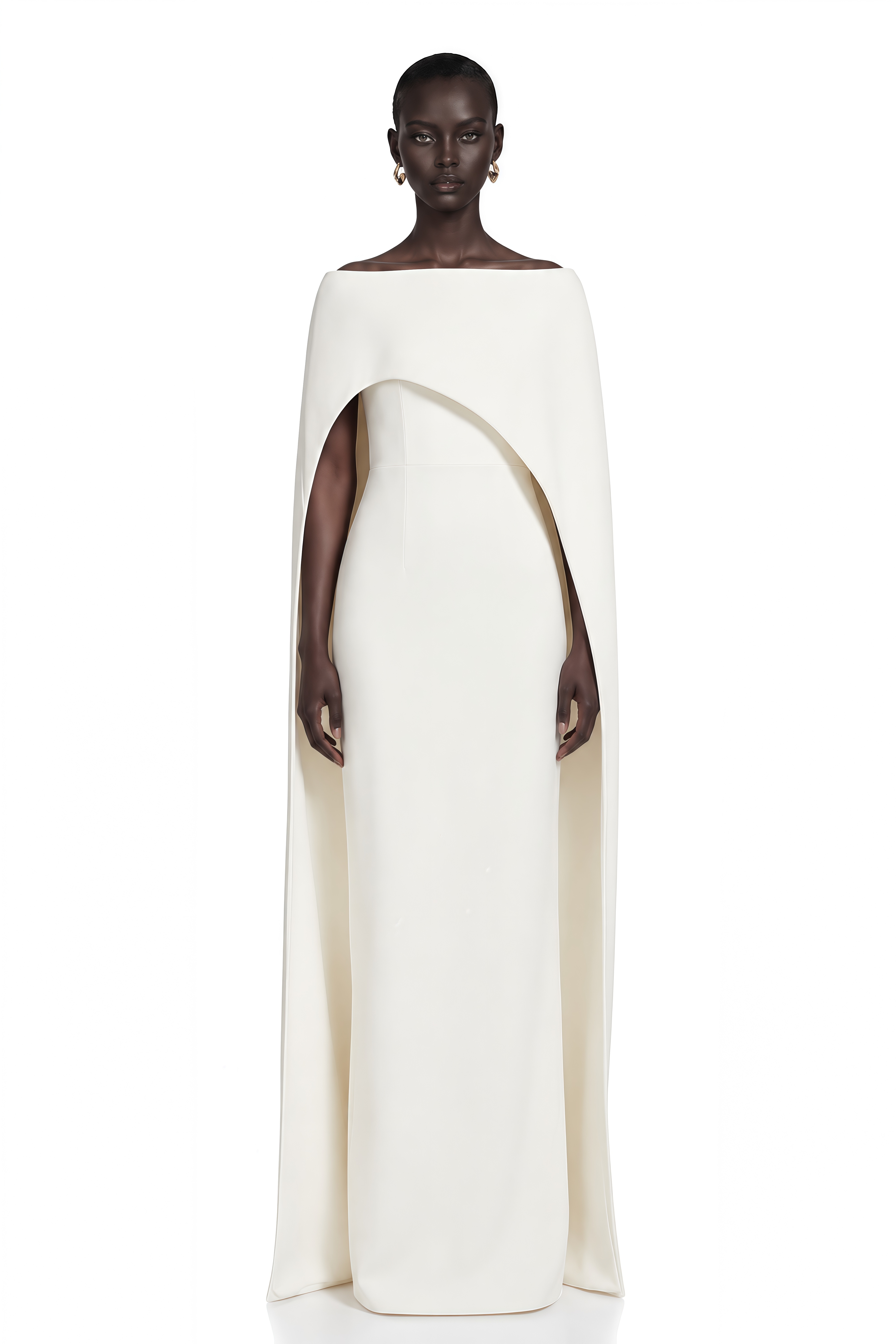 Dominique White Asymmetrical Cape Maxi Dress