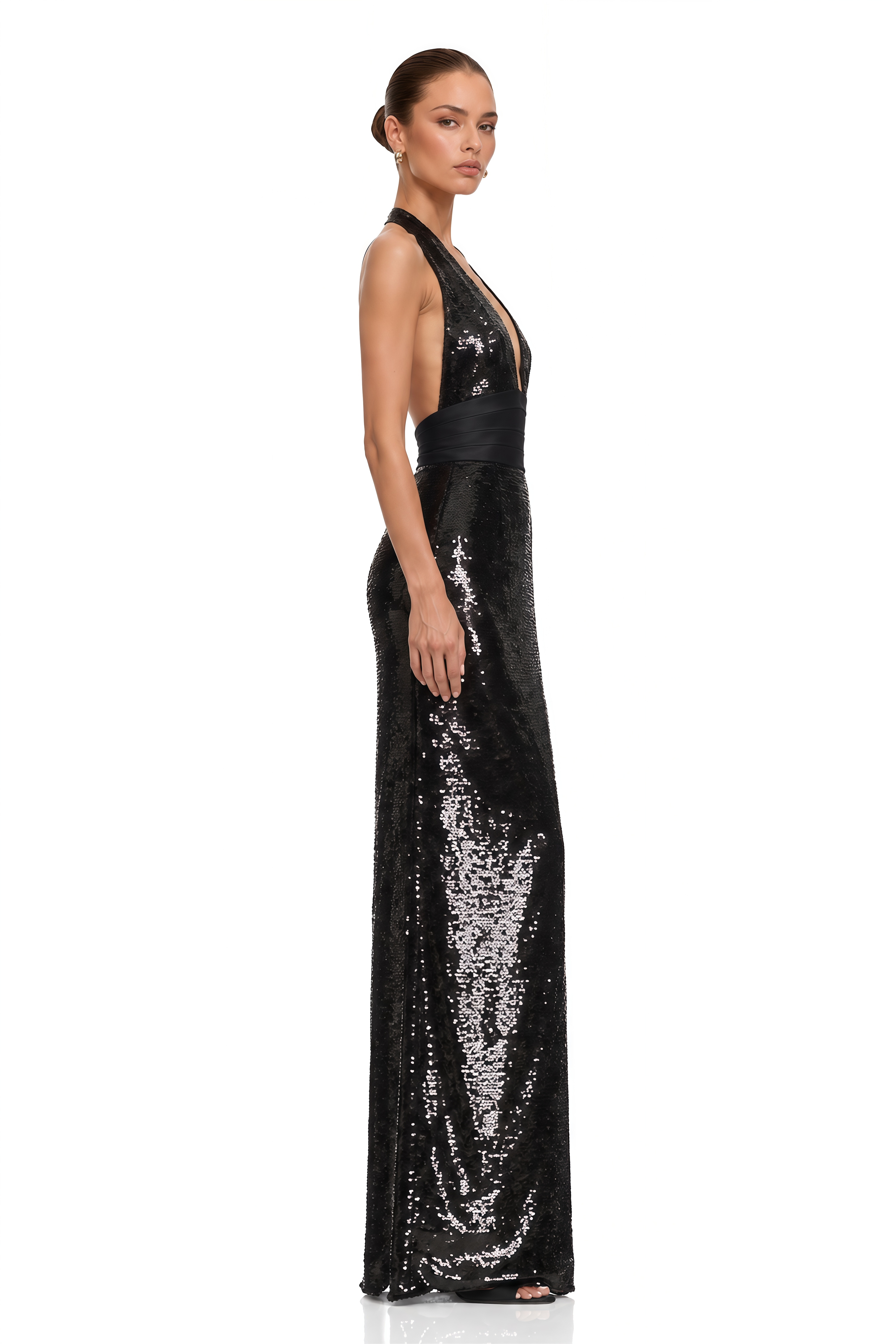 Lavinia Black Plunge Neck Halterneck Sequin Maxi Dress