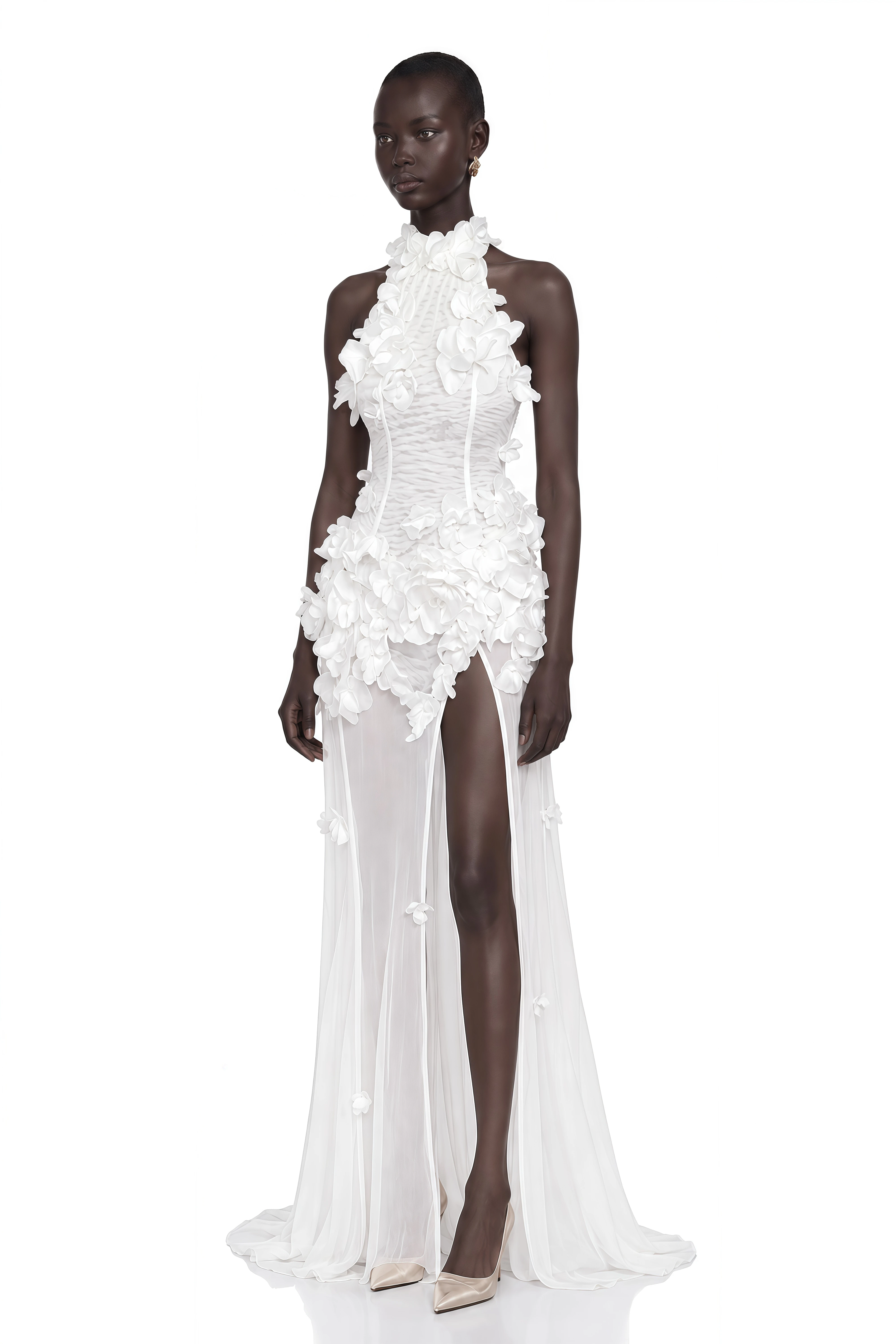 Guinevere White Halterneck Maxi Dress with 3D Florals