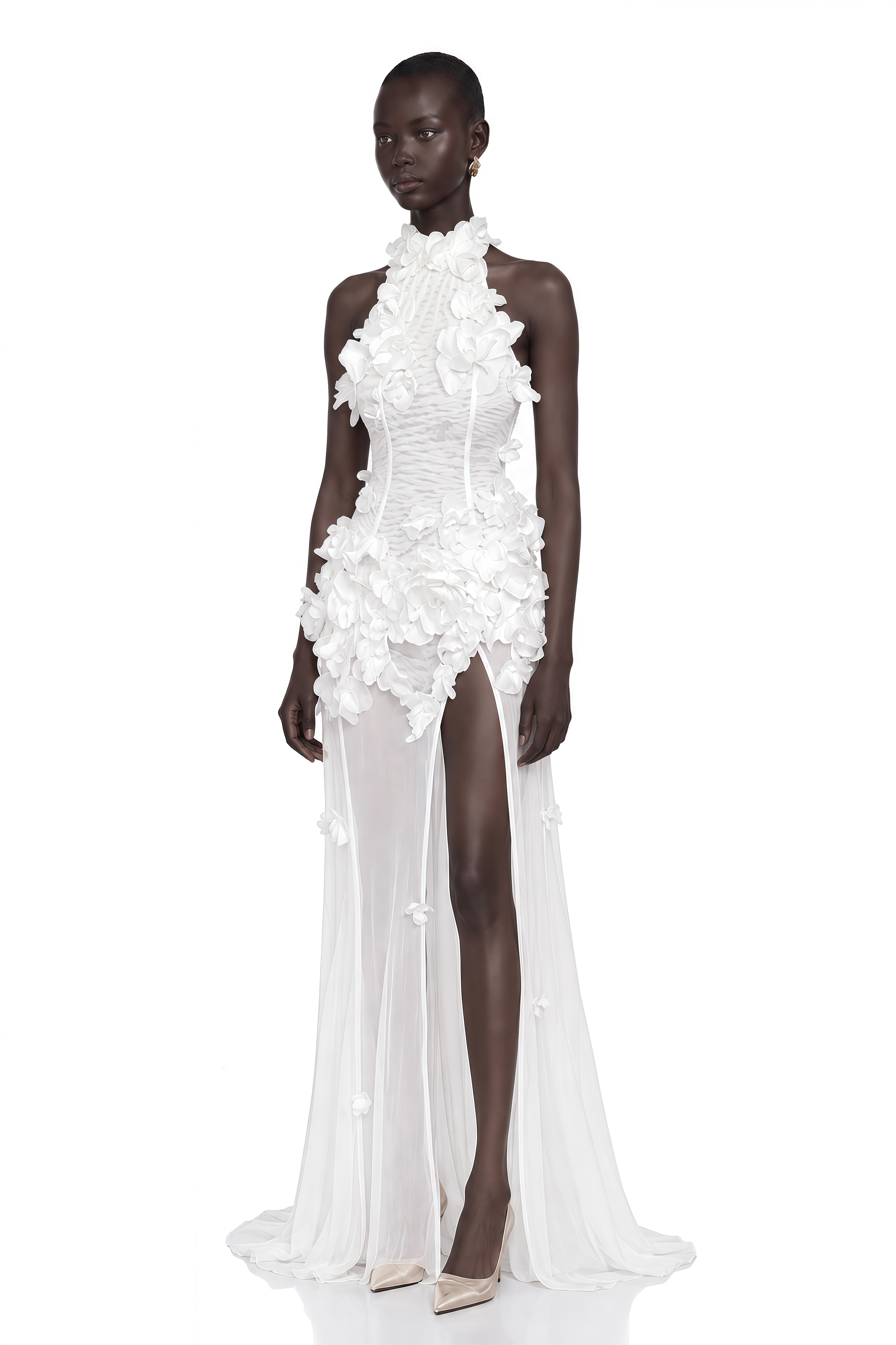 Guinevere White Halterneck Maxi Dress with 3D Florals