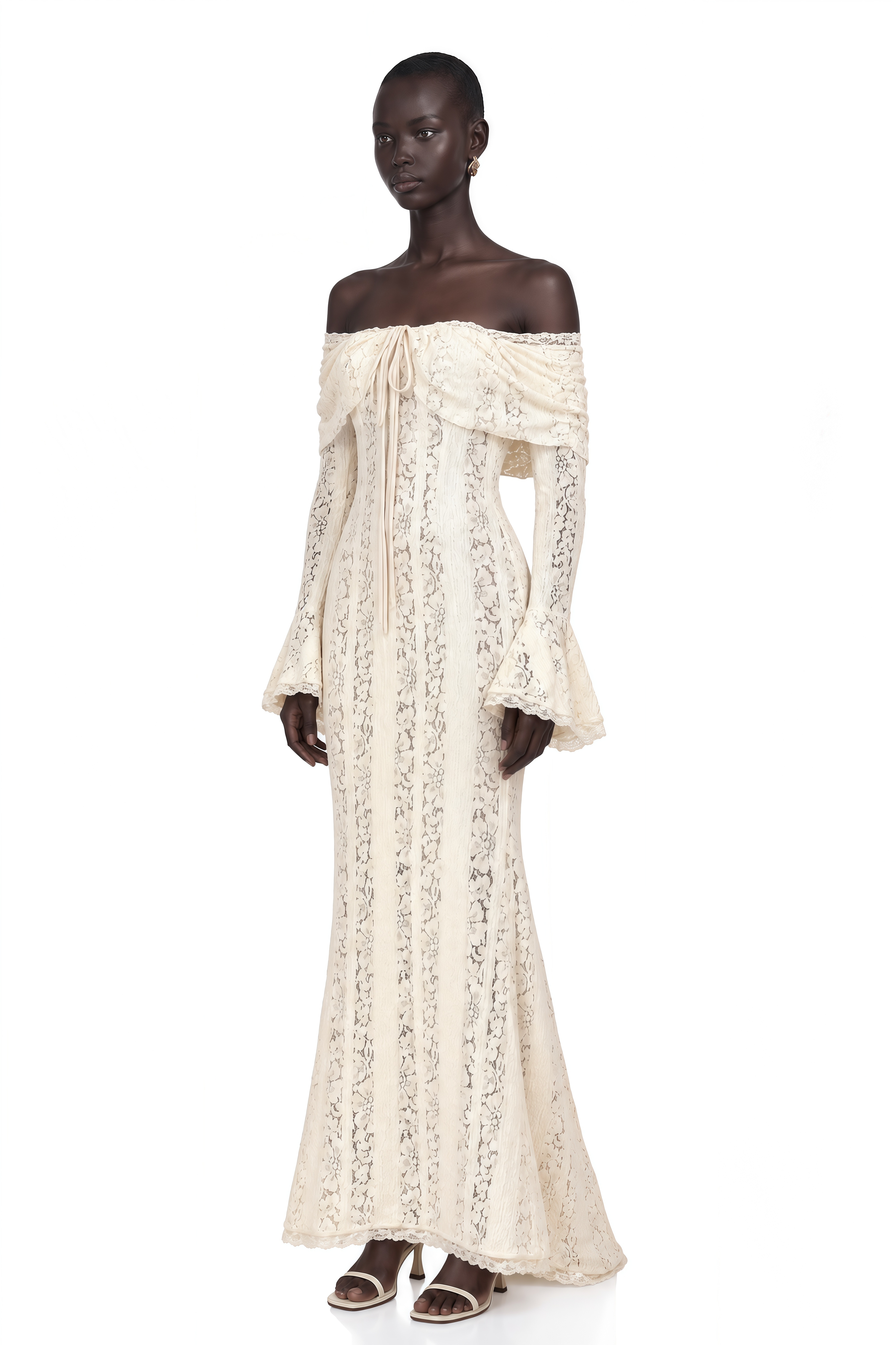 Émeline Floral Lace Train-Design Maxi Dress in Neutrals