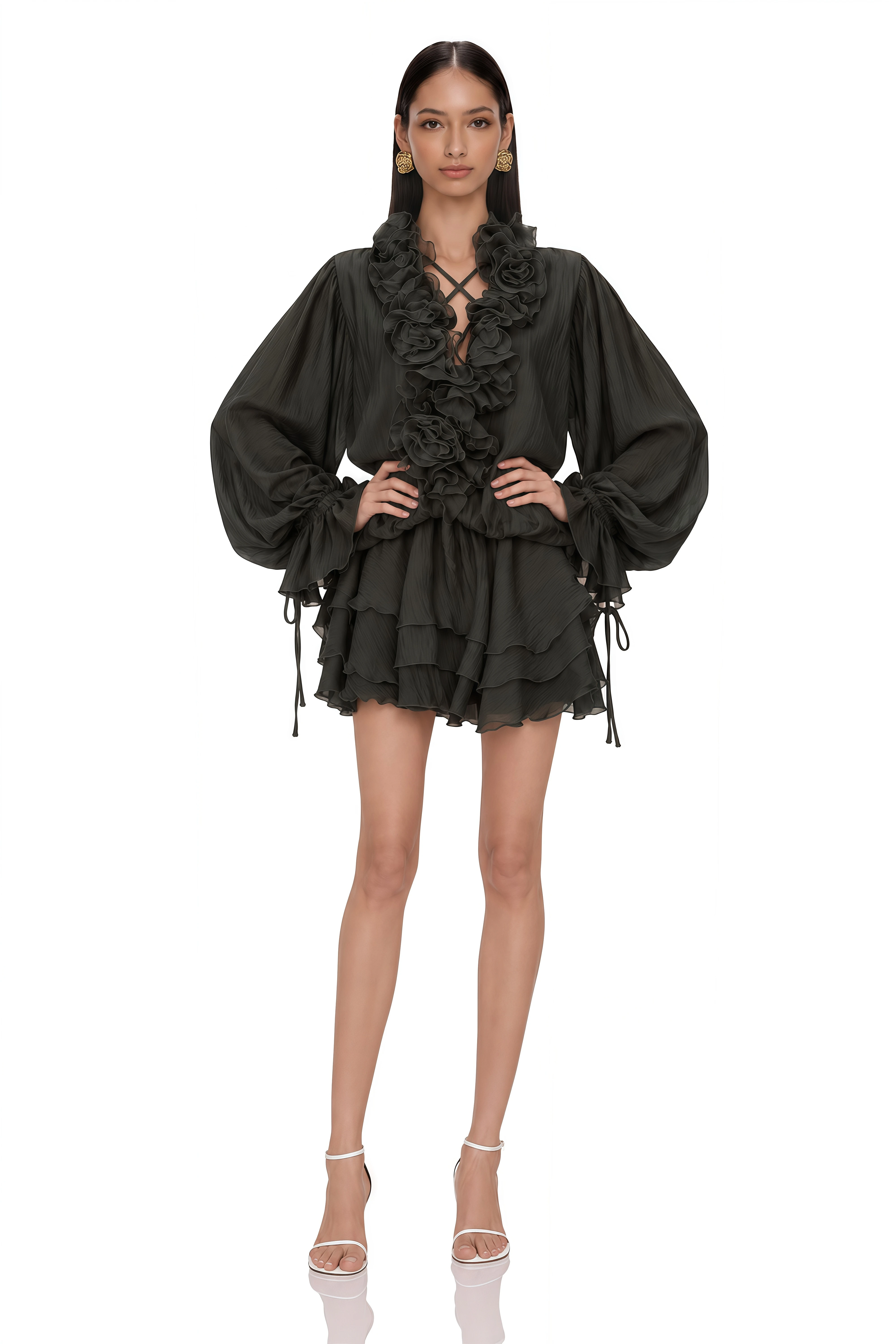 Zéphyrine Floral-Appliqué Tiered Mini Dress in Black
