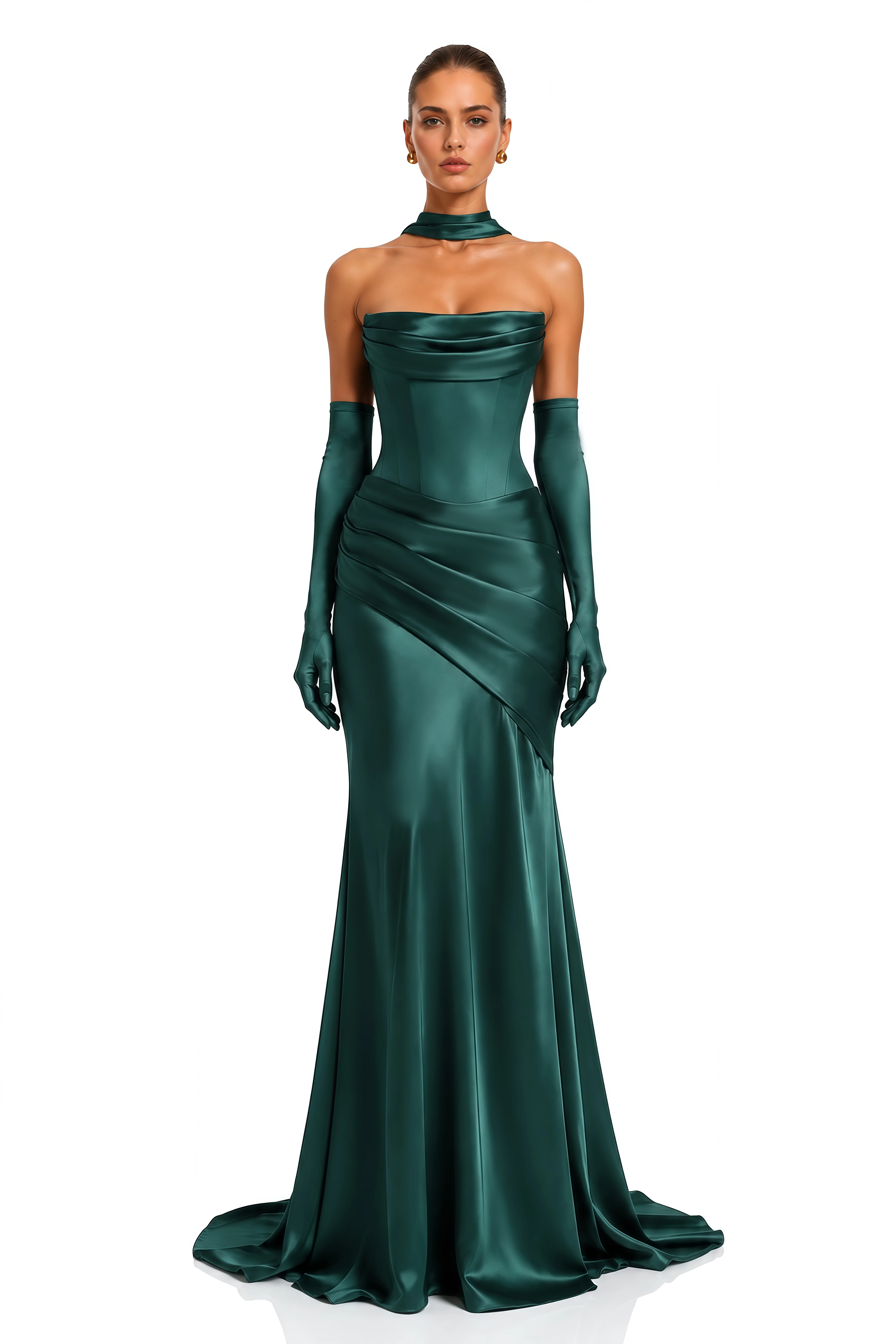 Marilou Green Ruched Satin Maxi Dress  (Without Gloves)