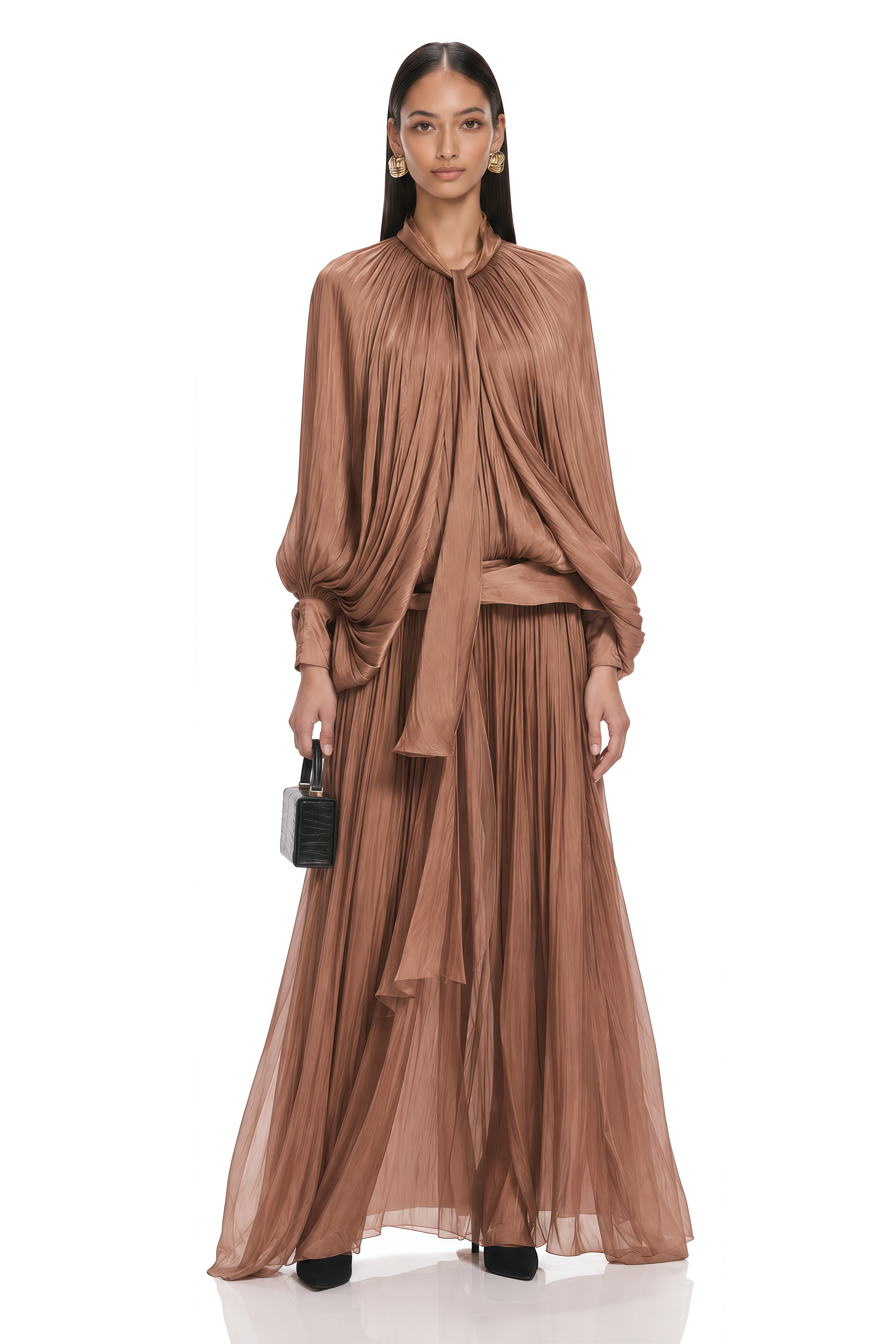 Mila Brown Pleated Satin Maxi Dress