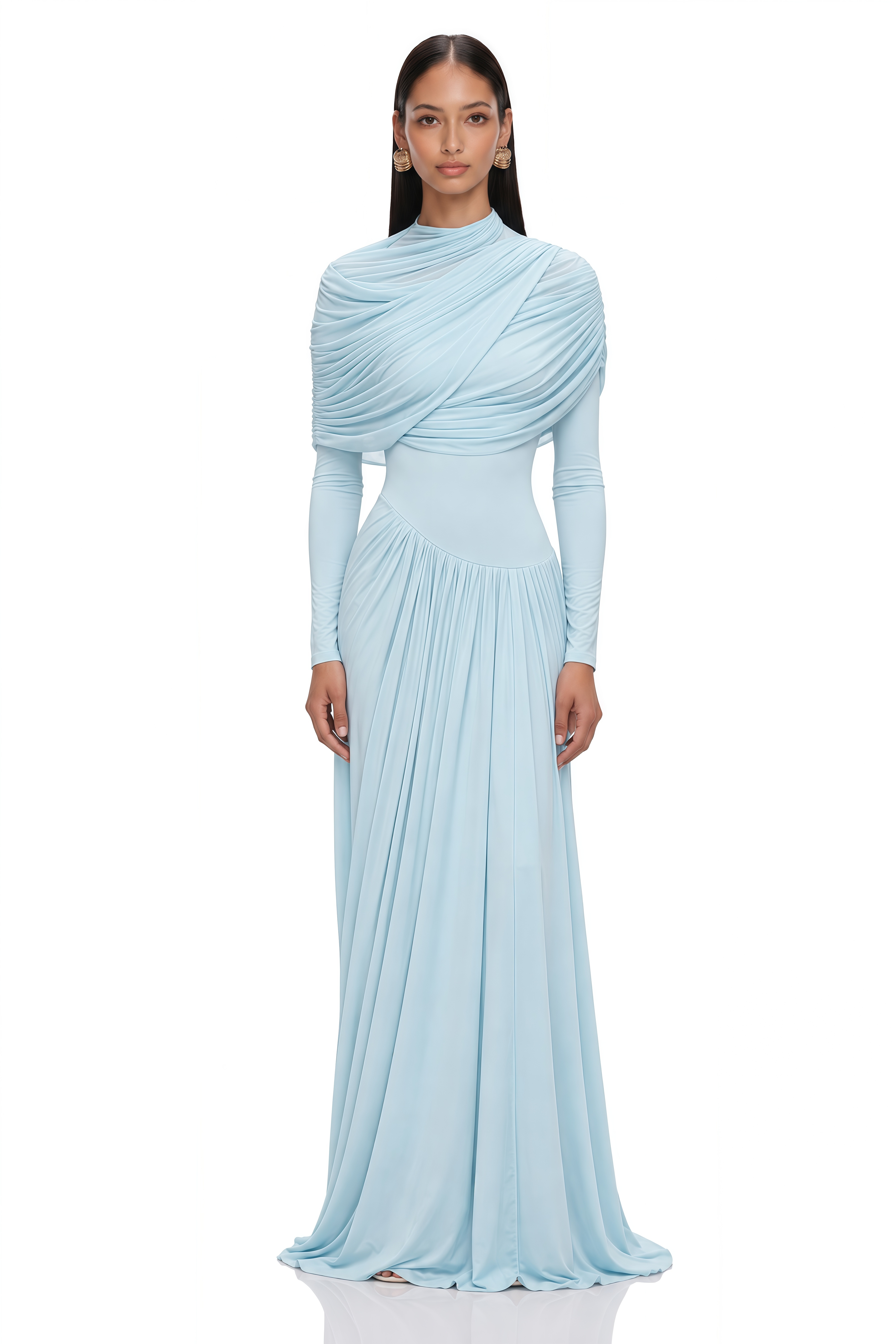 Catherine Baby-Blue Asymmetrical Pleated Long-Sleeve Maxi Dress