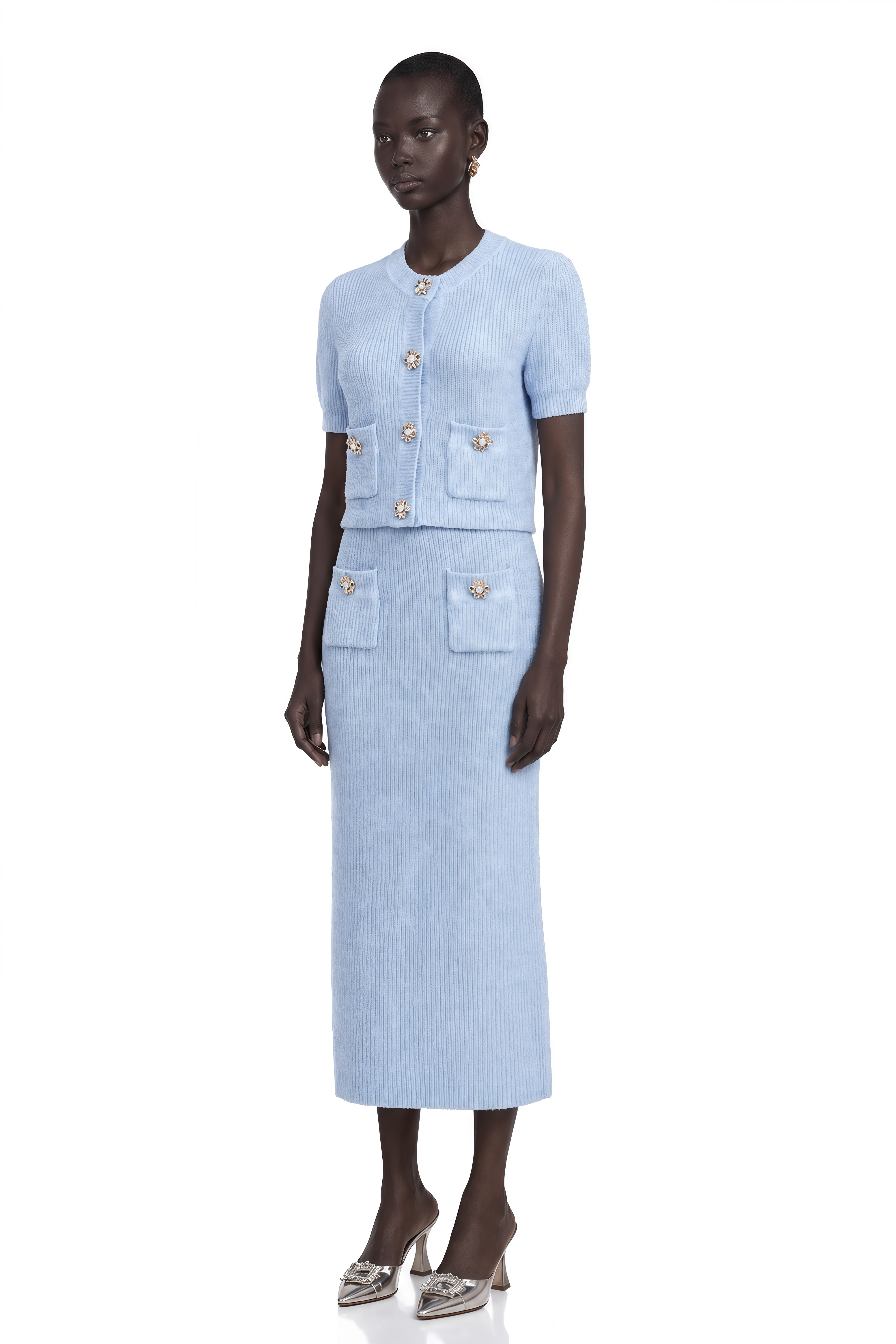 Chantal Blue Knit Two-Piece Blouse and Skirt Set