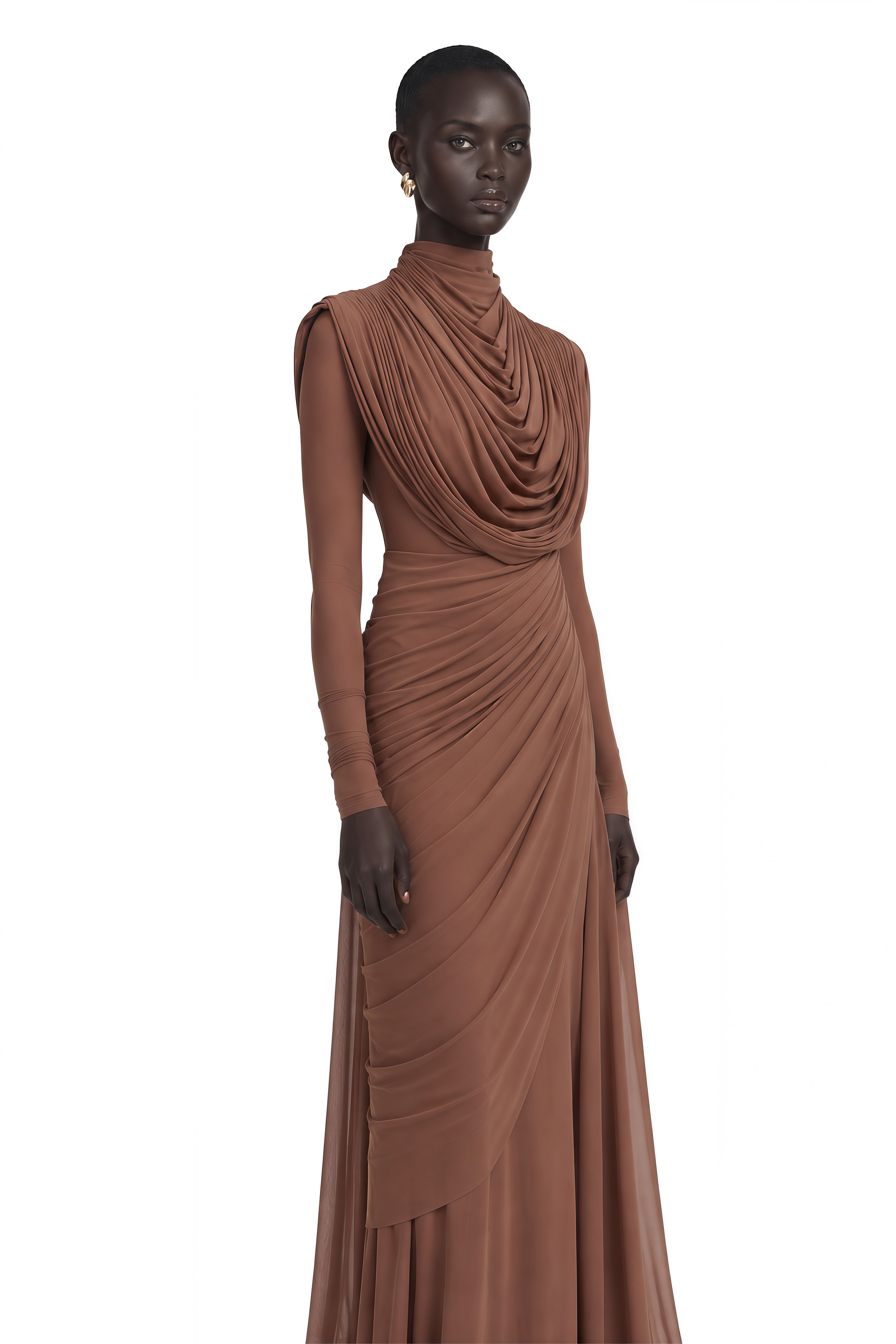 Danaé Brown Shirred-effect Draped Maxi Dress