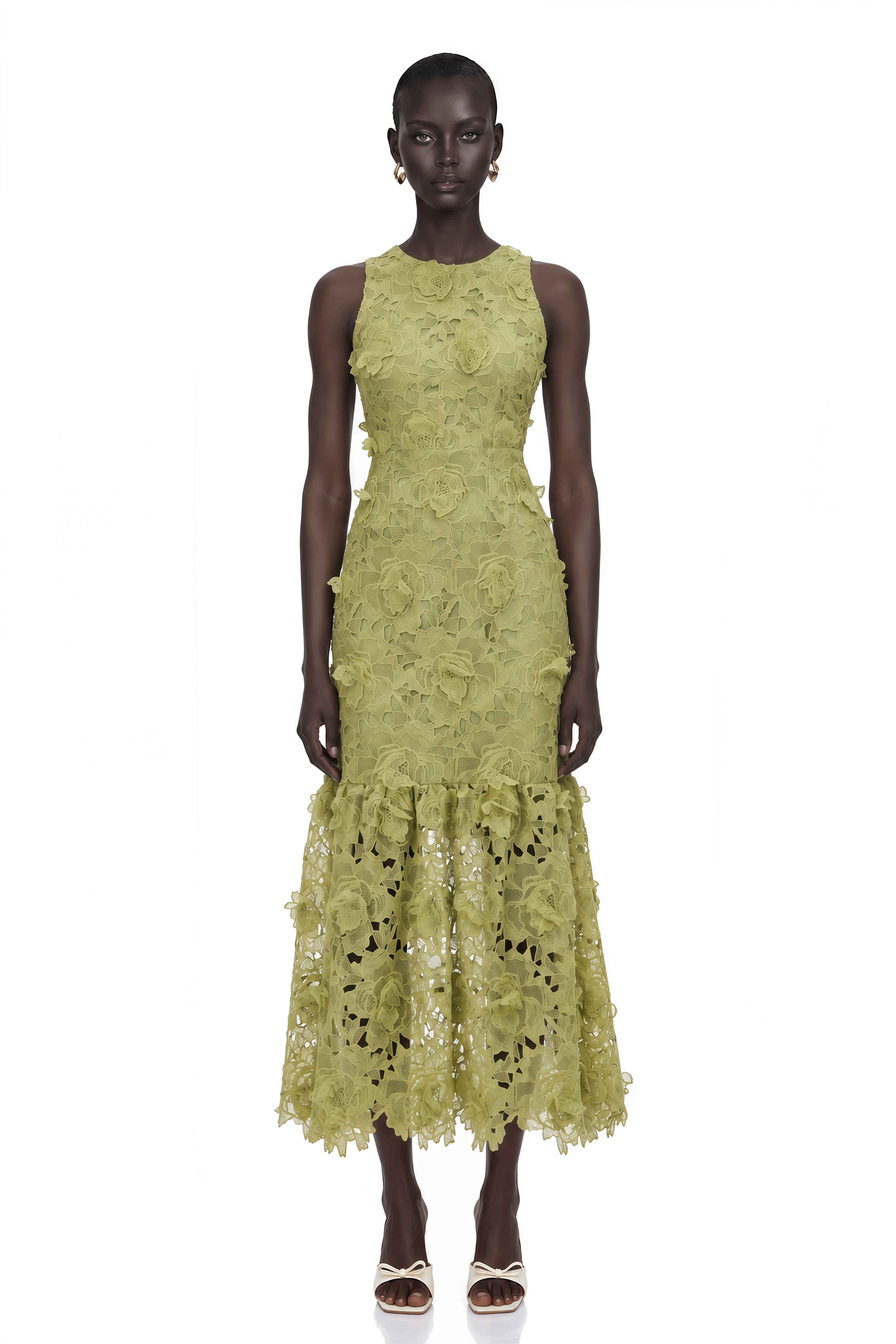 Briseis Olive Green Midi Dress with 3D Florals