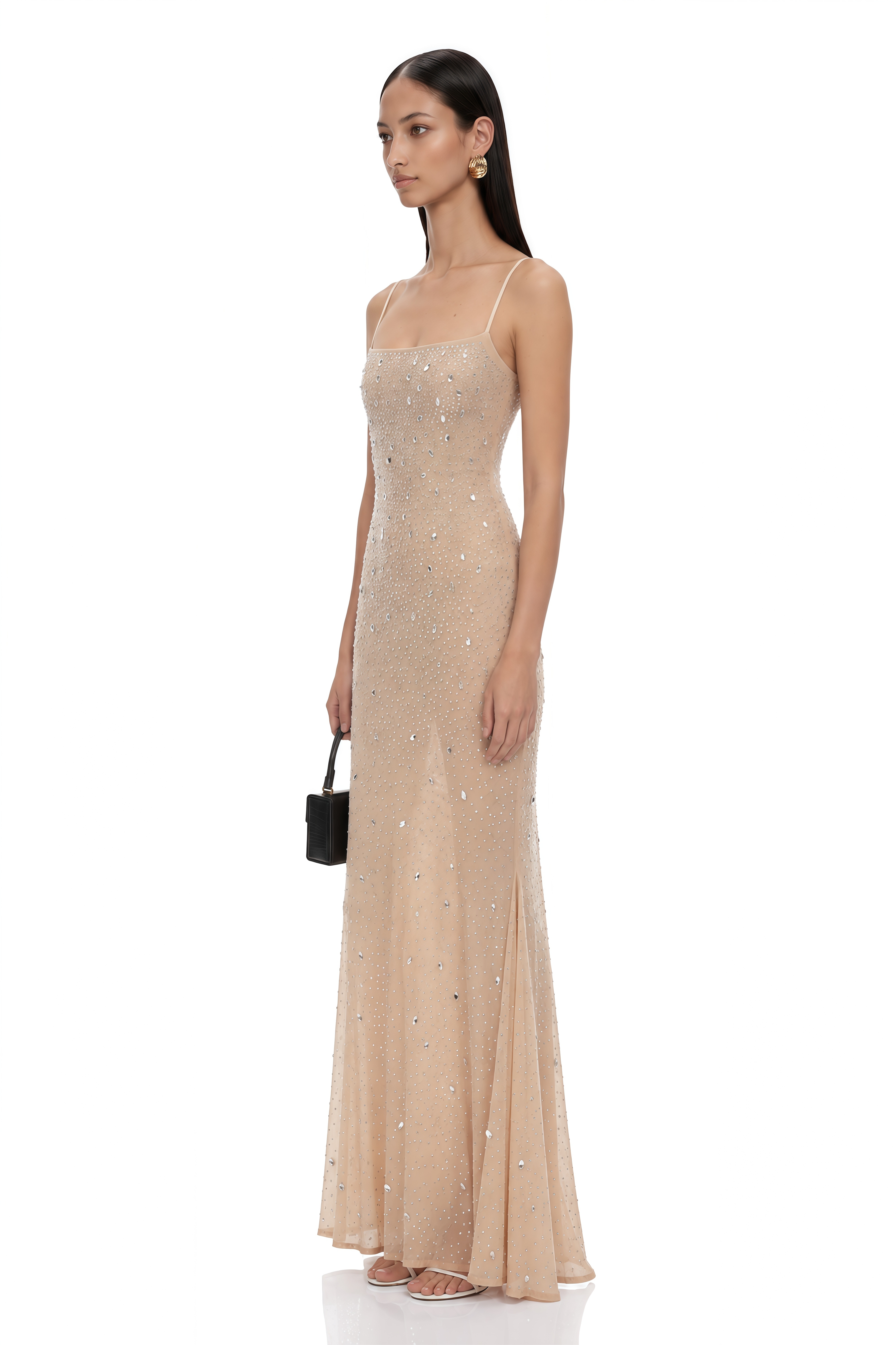 Izefia Neutral Open Back Embellished Maxi Dress