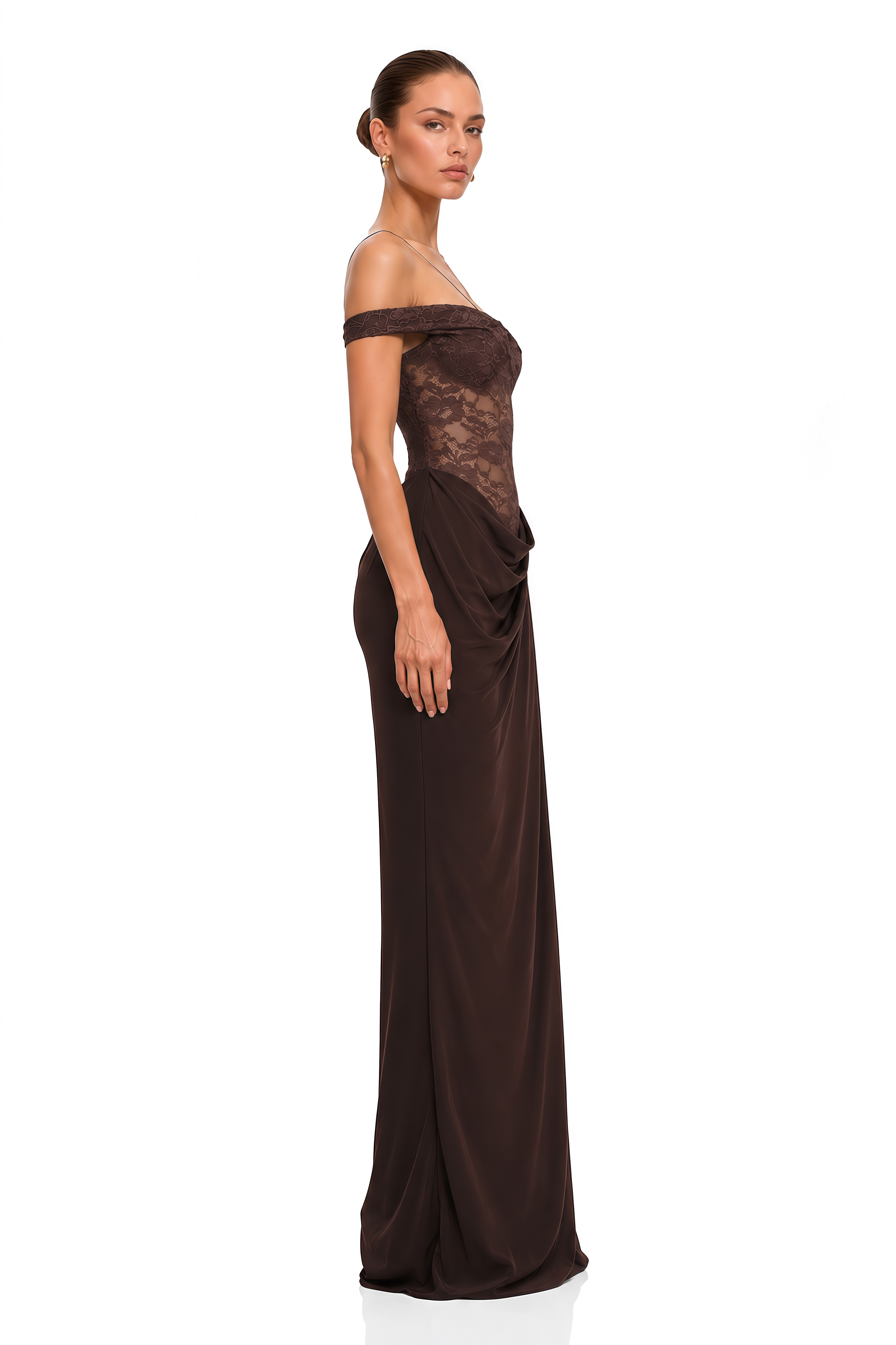Sunniva Brown Lace Panel Asymmetrical Maxi Dress