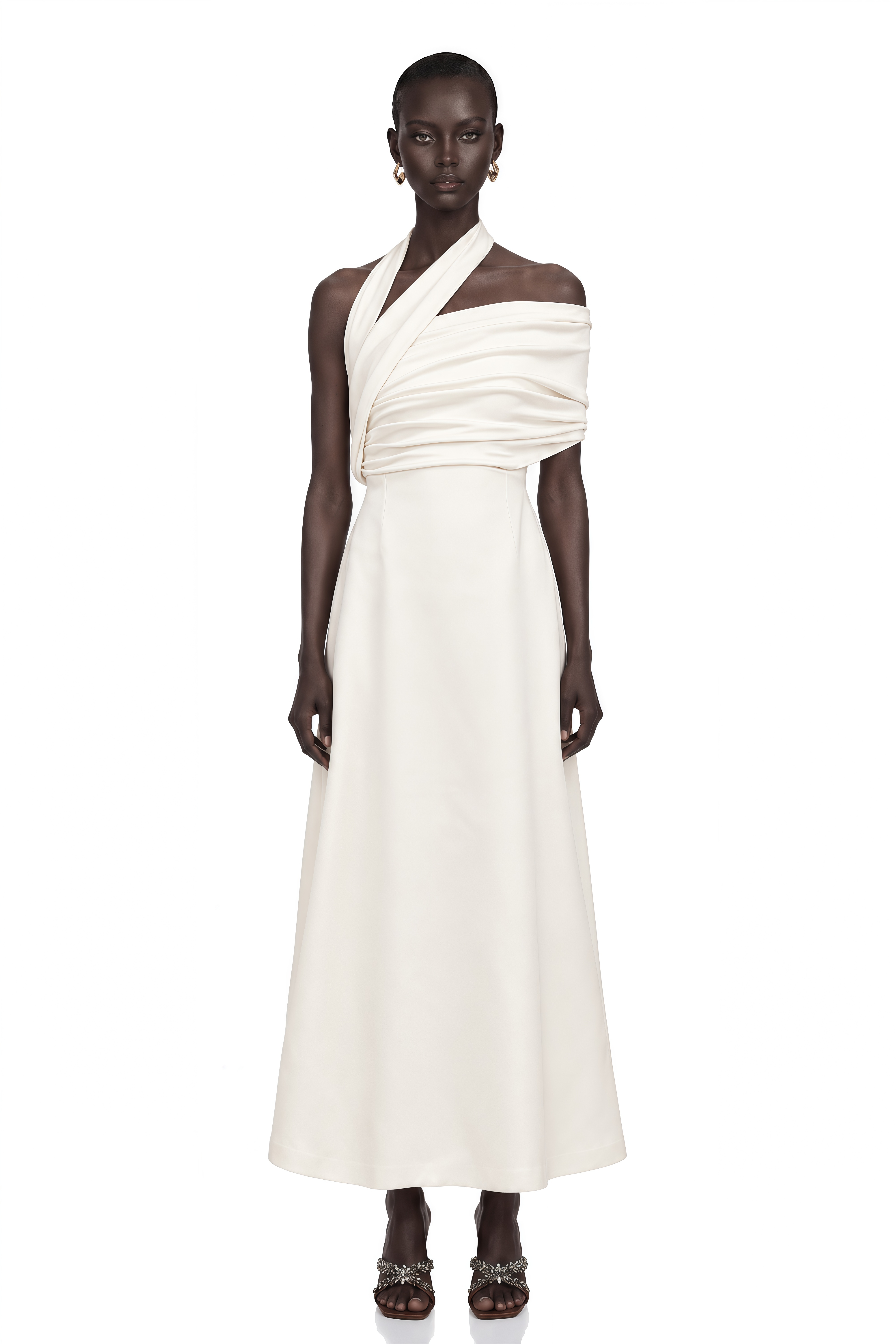 Solène Cream-White Asymmetrical Midi Dress