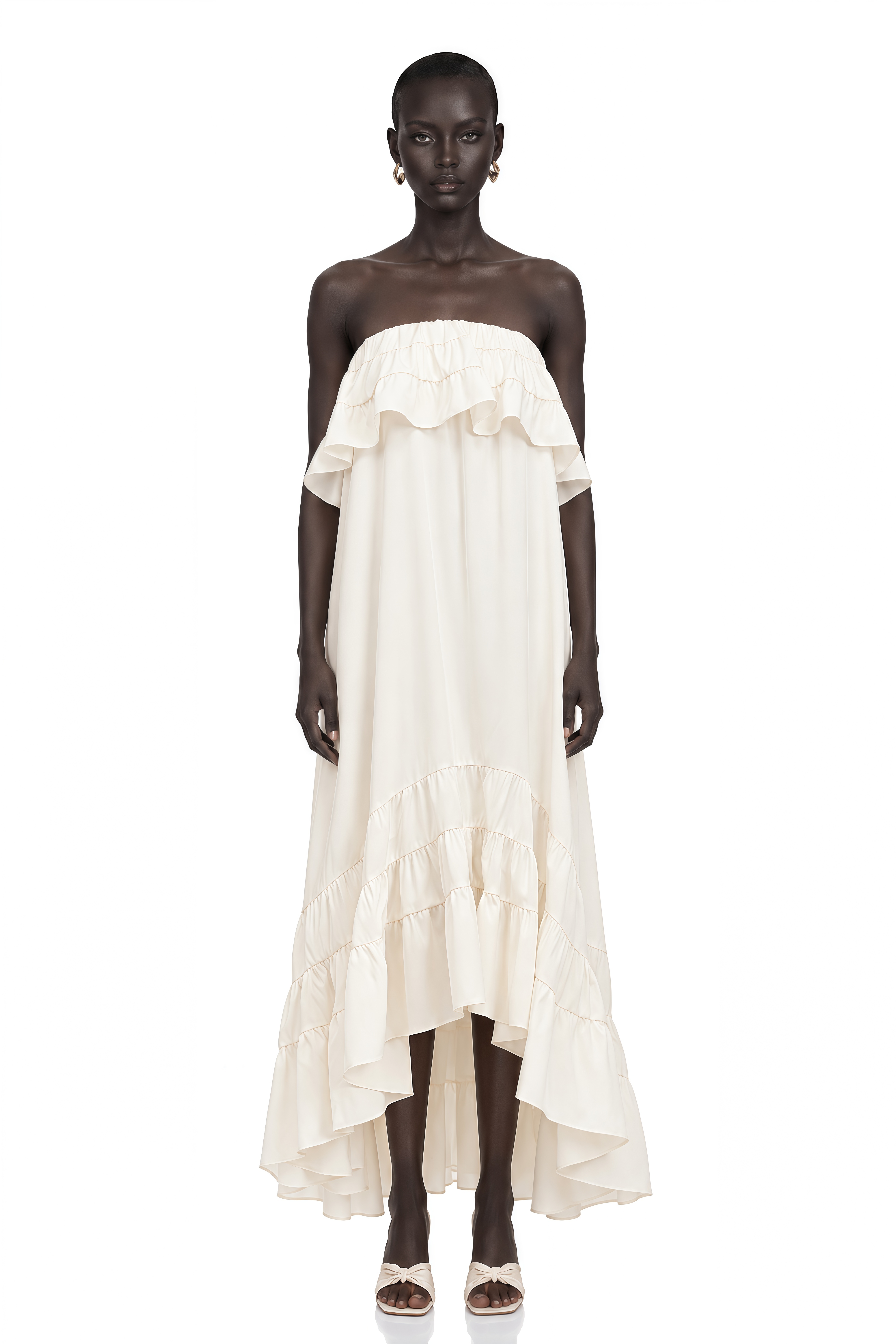 Bénédicte White Vibrant Off Shoulder Shirred Maxi Dress