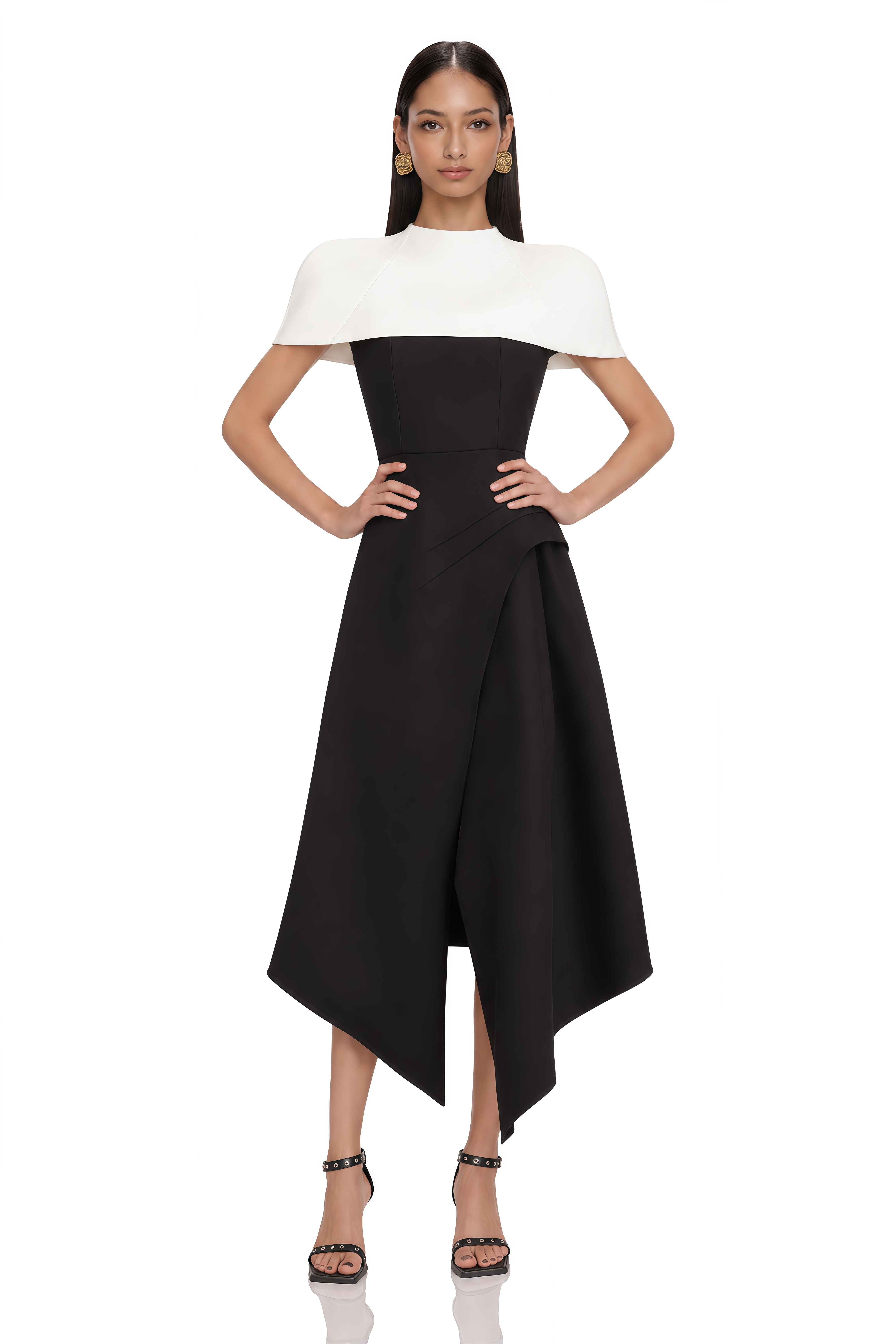 Fabienne Color Block Midi Dress with Shawl Detail