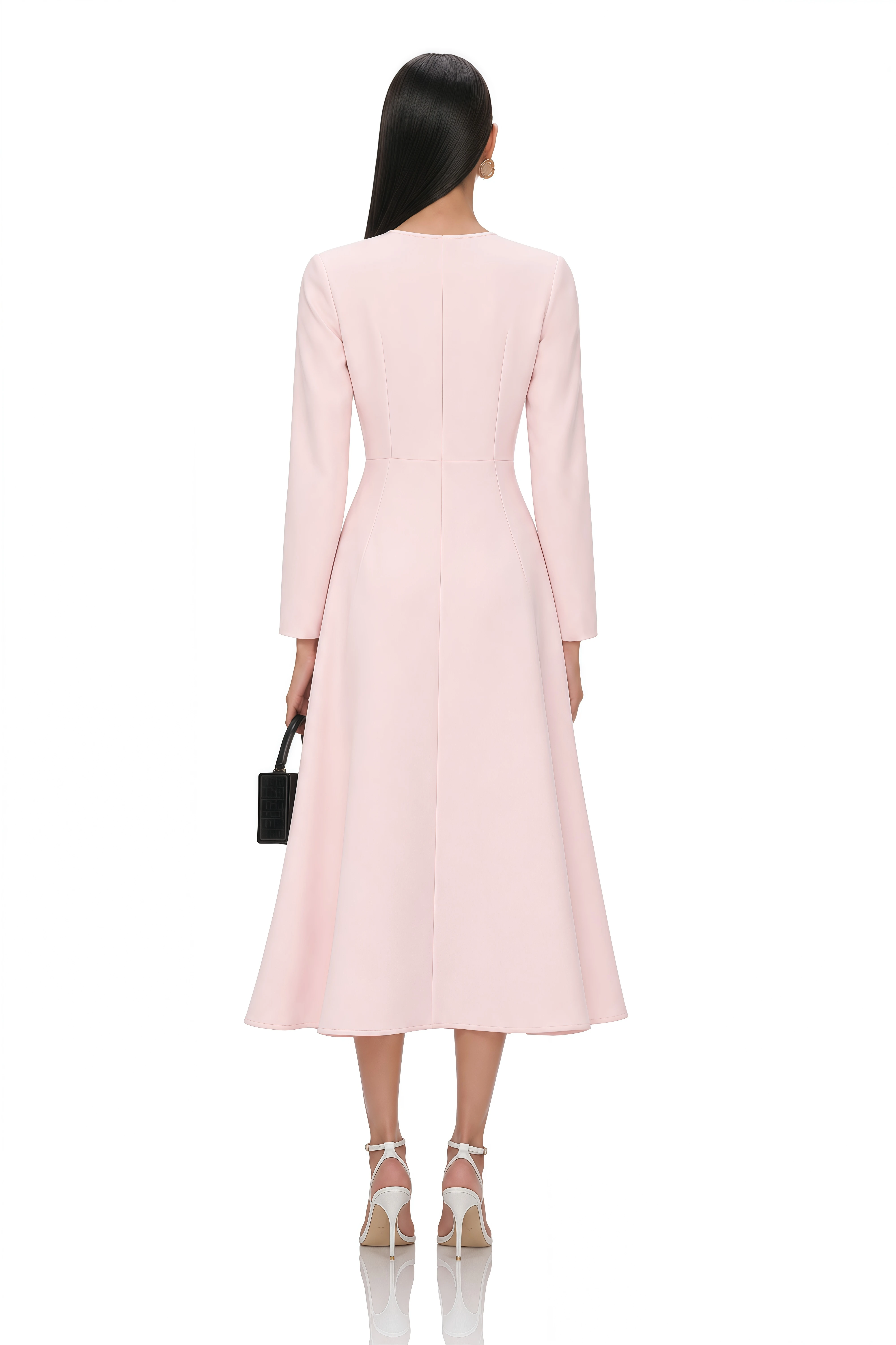 Elise Pink Bow-Detail Split-Neck Midi Dress