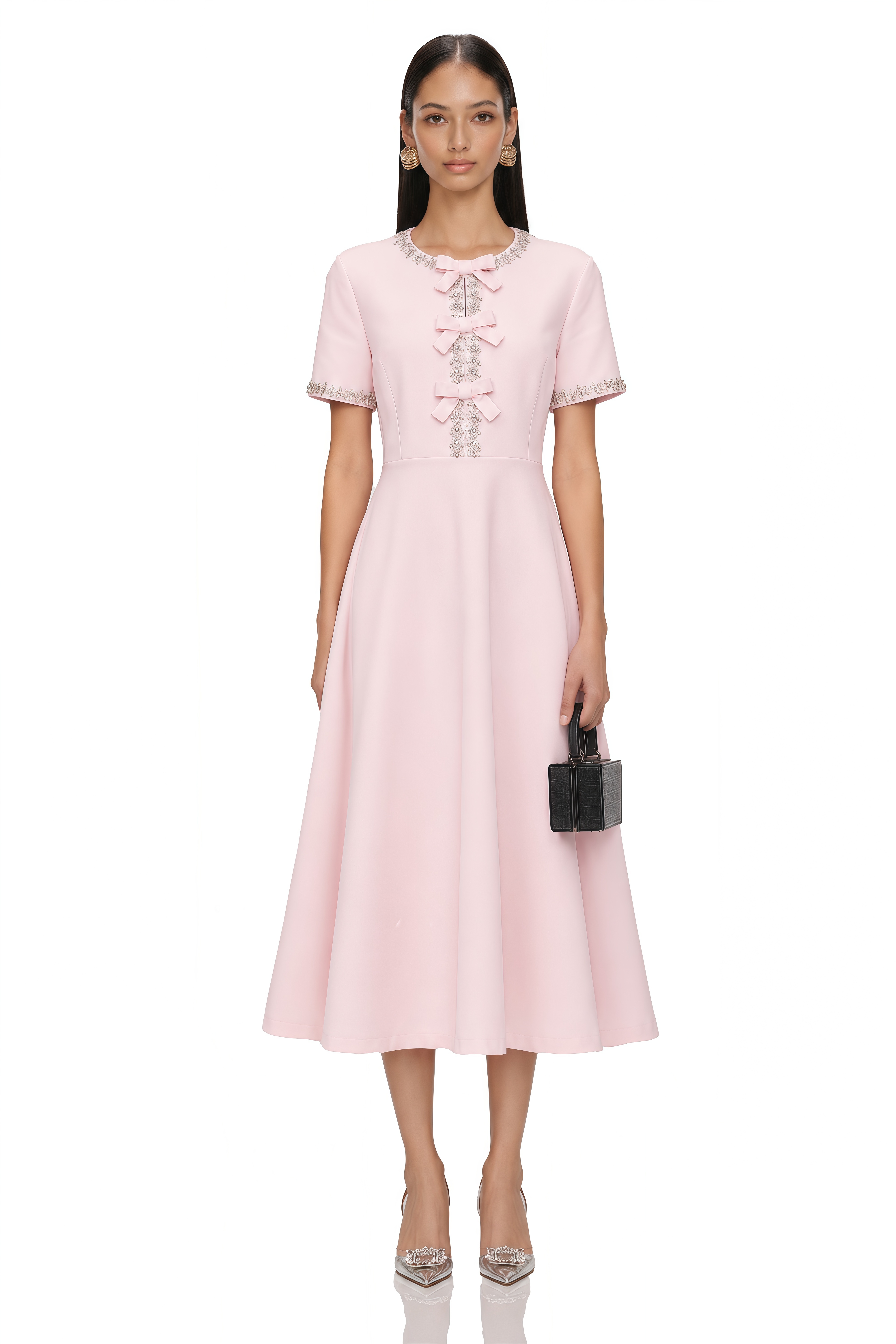 Cassiopeia Crystal-Accented Pink Bow Midi Dress