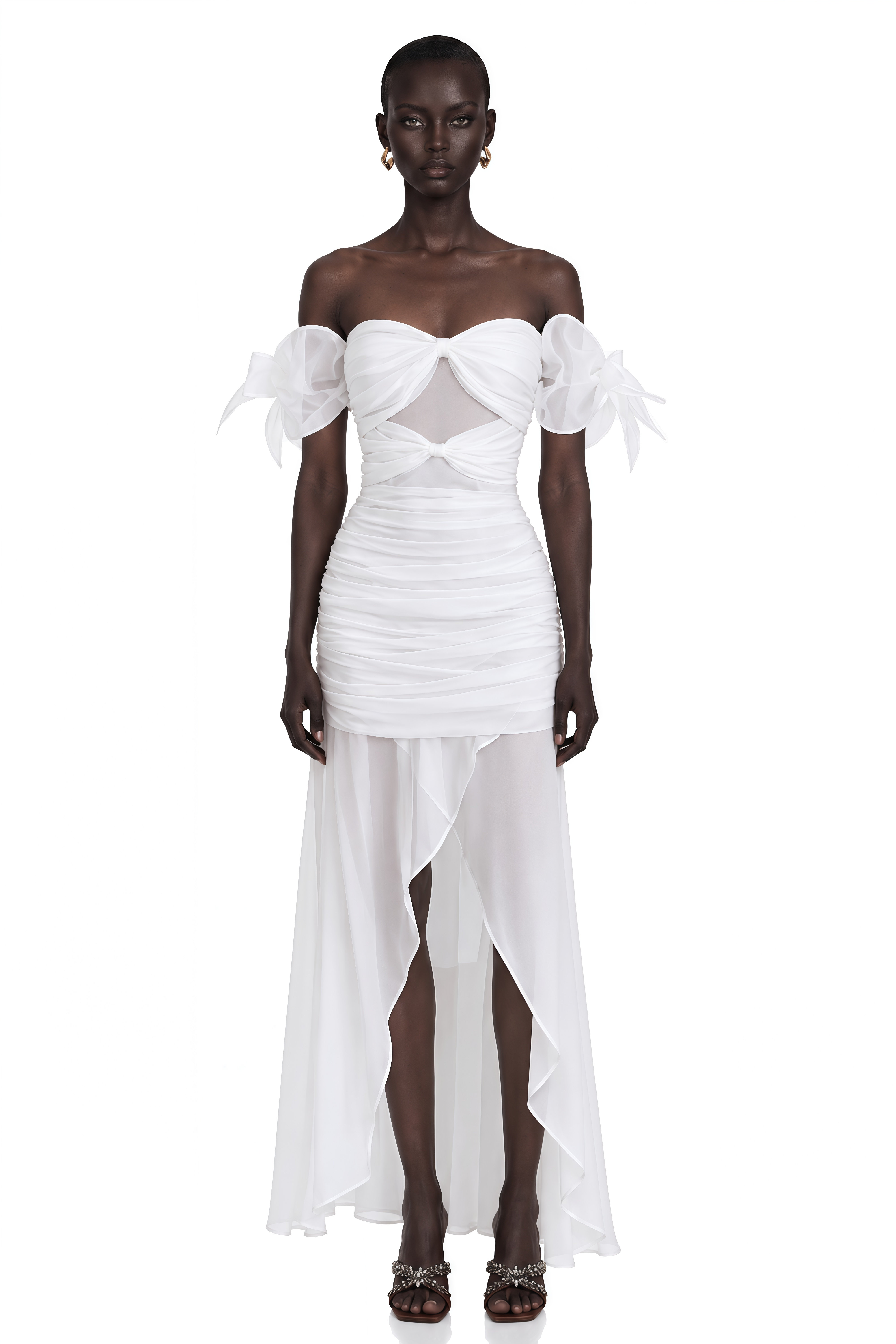 Brandusa White Bowknot Ruched Chiffon Midi Dress