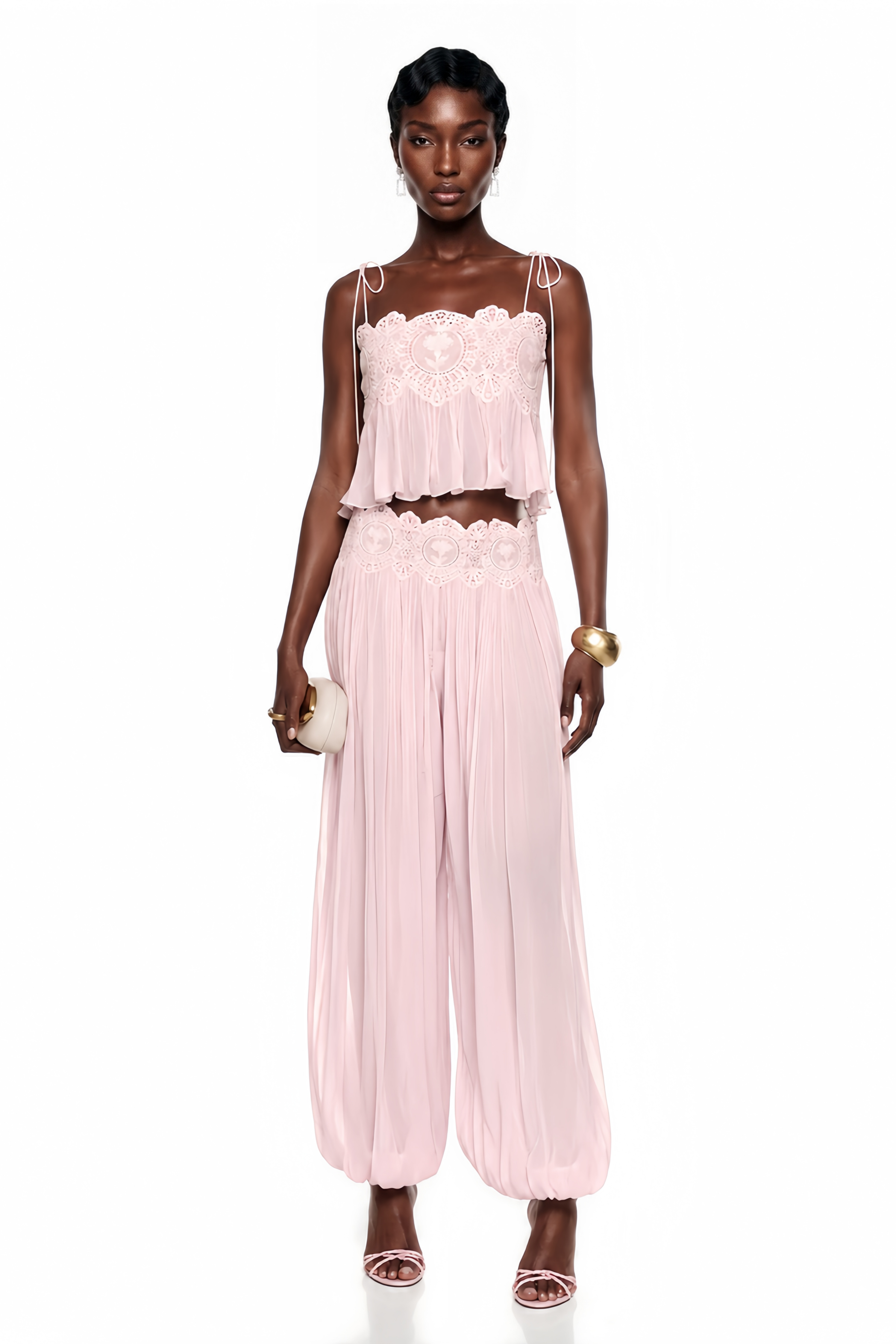 Kamila Pink Lace Trim Ruched Top & Trouser Set – Miss Rosier