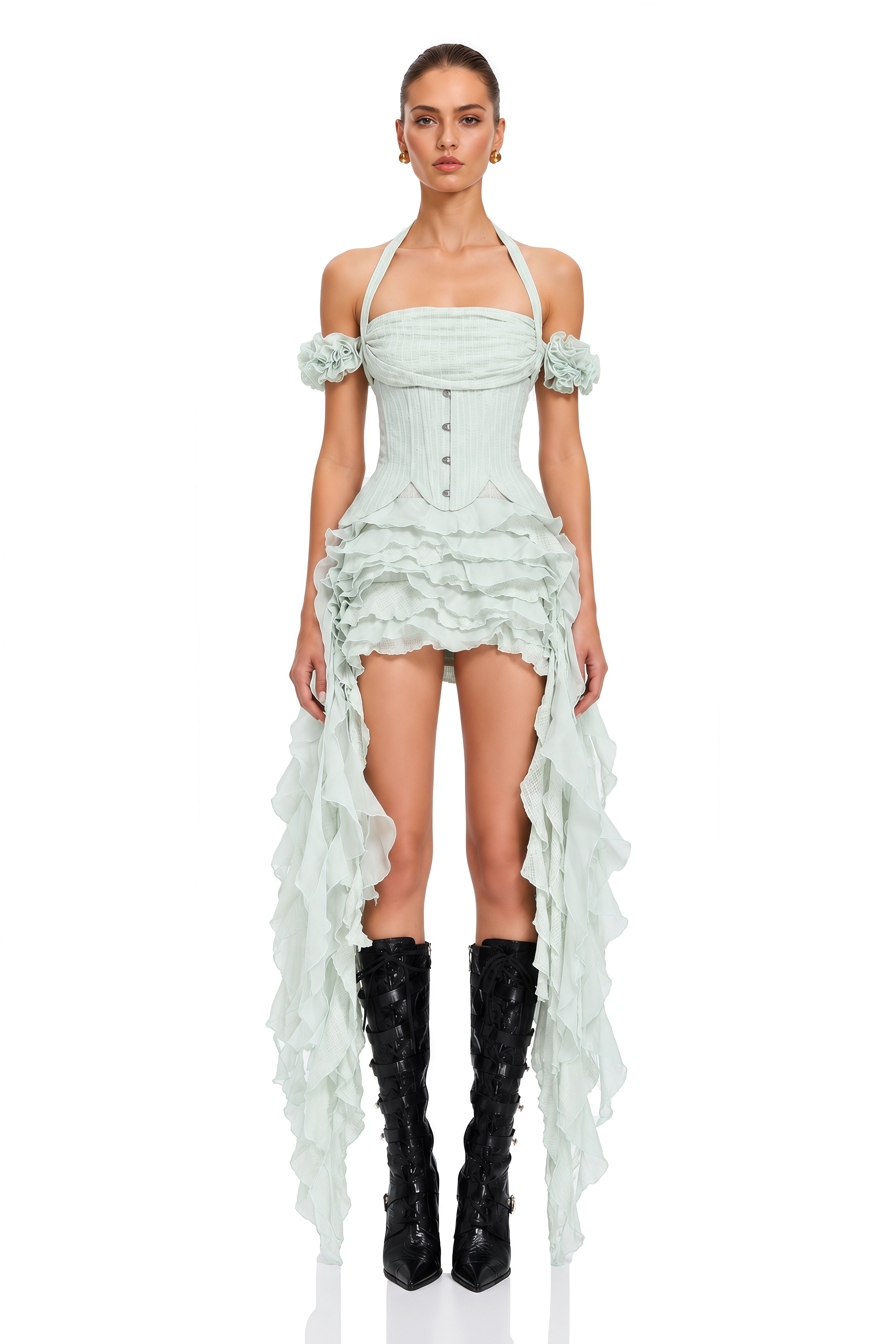 Patricia Green Floral-Appliqué Asymmetrical Ruffled Mini Dress